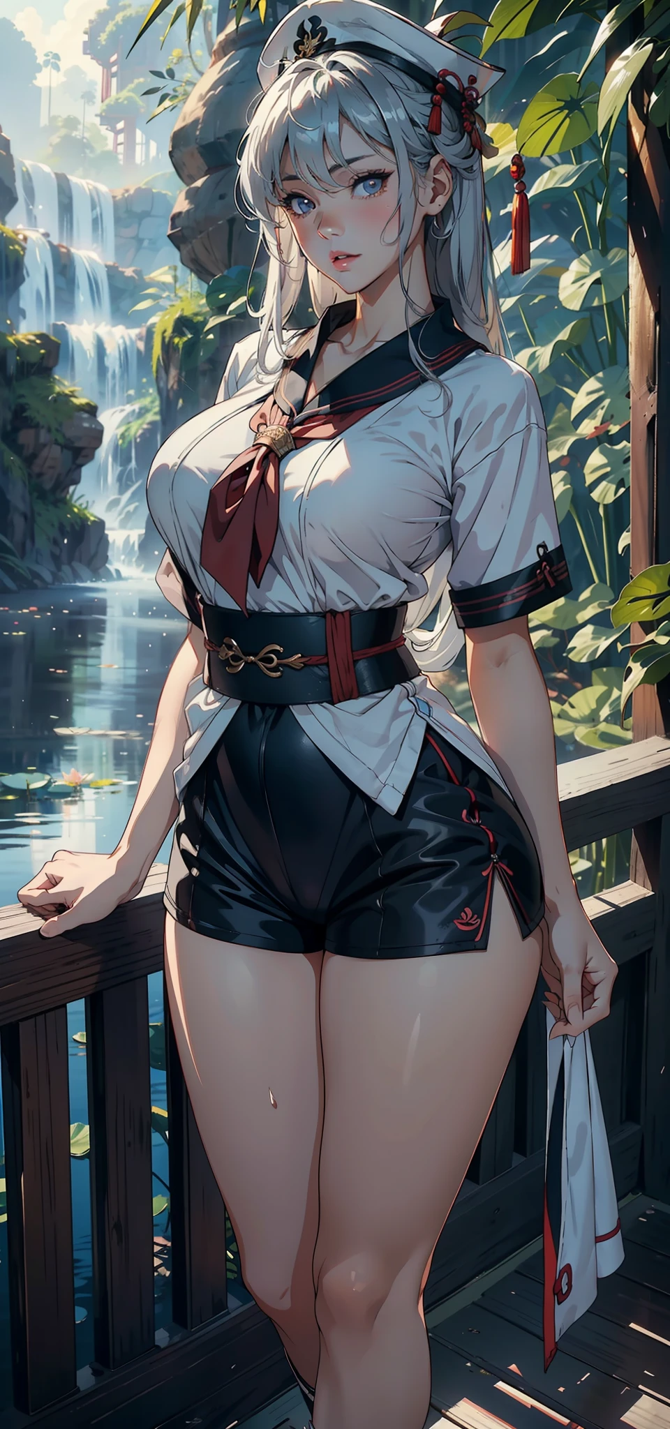1female,45 yers old,Married woman,熟妇,mature,plum,very big boobs,big chest and thin waist,long leges, 独奏,(Background with:,pyramid,the rainforest,lotus flower,ponds) She has short white hair,bobo head,,seen from the front, standing in forest, The sky is mostly cloudy,(((tmasterpiece),(Very detailed CG unified 8k wallpaper),Best quality,电影灯光,detailed back ground,美丽细致的眼睛,Bright pupils,黑The eye,Snow-whiteskin,Redlip(Very delicate and beautiful),(Beautiful and detailed eyes description),ultra - detailed,tmasterpiece,))facing at the camera,A high resolution,ultra - detailed),Expose breasts exposed,Bare genitals, convex,legs are open,Raised sexy,Camel toes,Flushed face,longing unsatisfied,street frontage,French Navy(dressed in:military hat,Green military uniform)