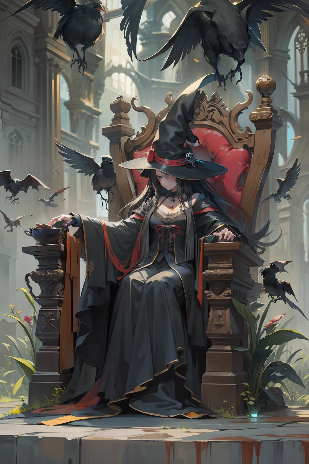 An old witch sits in a Kadilau chair in the background，She was holding a Soniste crow ，Gloomy castle，solid color backdrop，clean backdrop，depth of fields，high light，Real light，Ray traching，OC renderer，UE5 renderer，Hyper-realistic，best qualtiy，8K，Works of masters，super-fine，Detailed pubic hair，Correct anatomy，