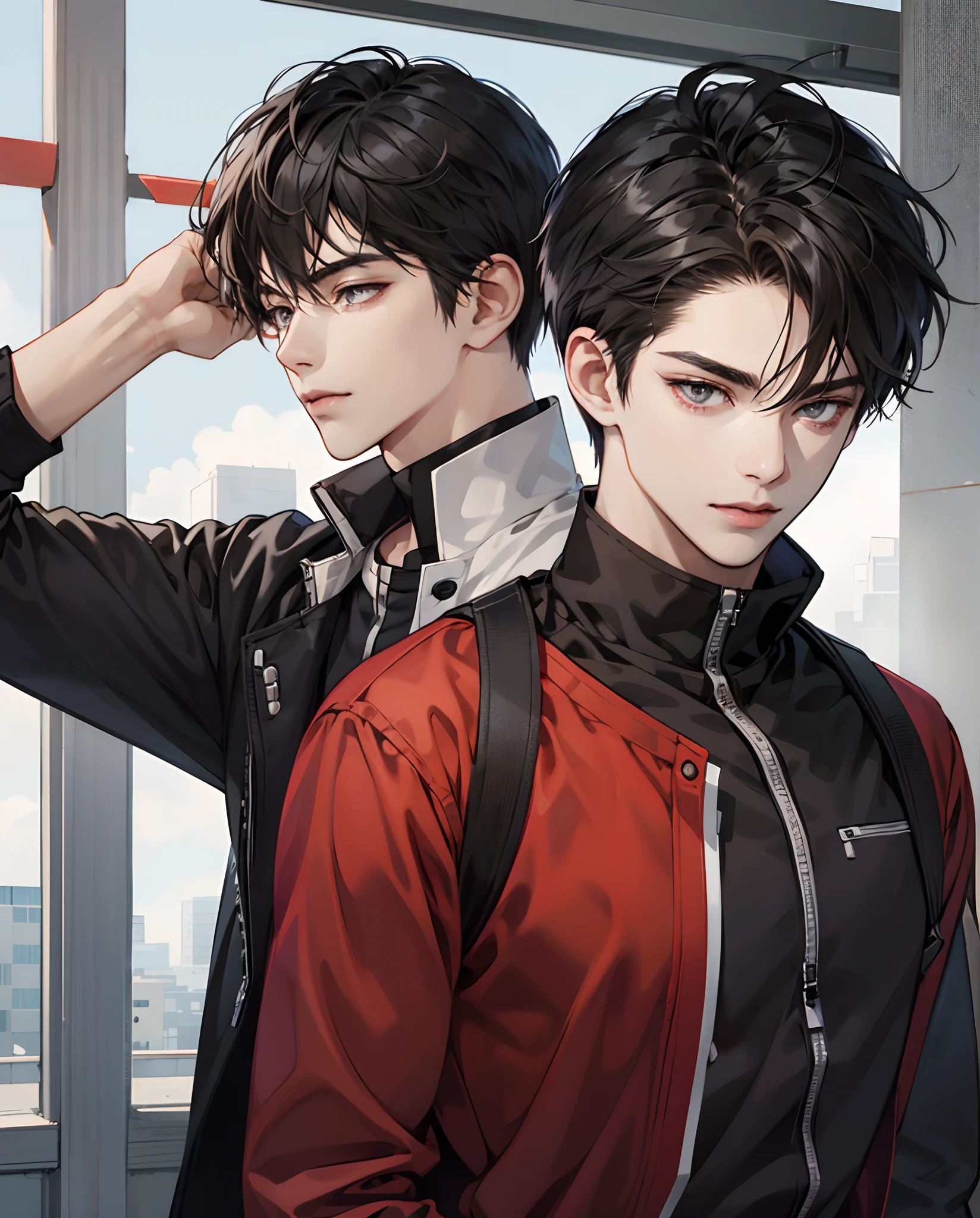 Young man with short black hair, brown skin, grey eyes, anime detailed character