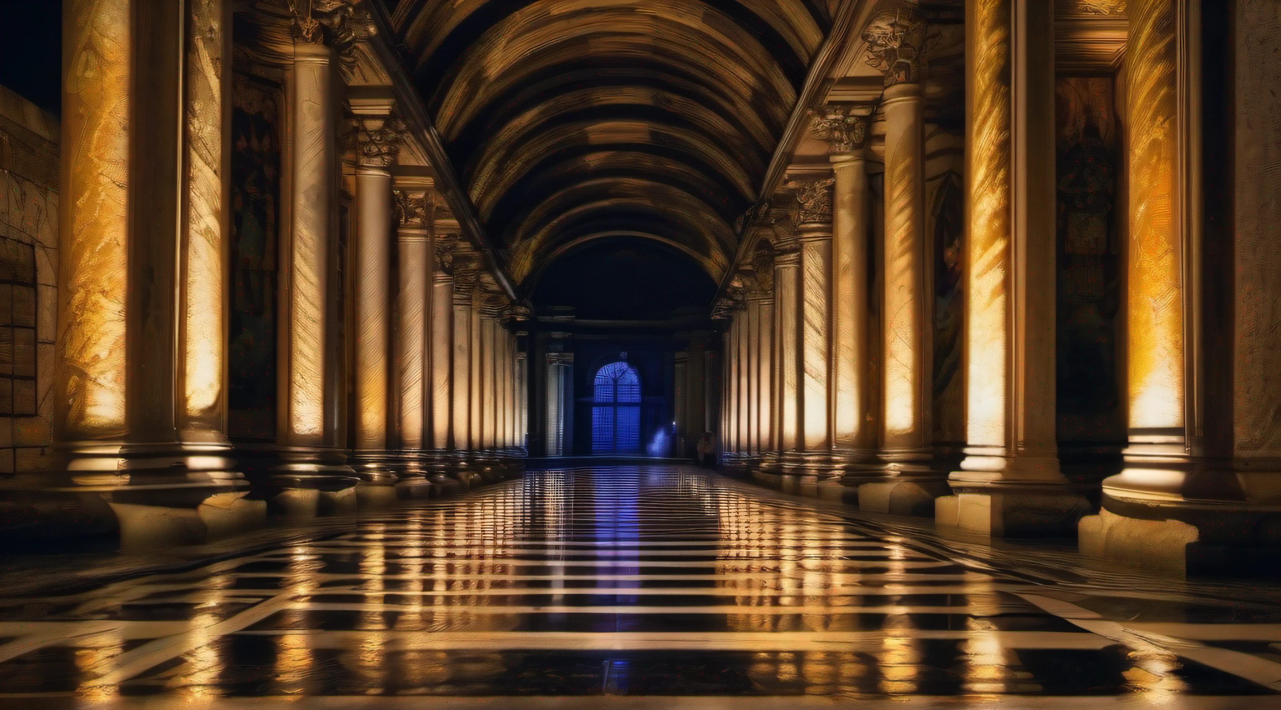 Lamento Noite Chuvosa, Na Roma Antiga, A majestic corridor with marble pillars emerges in the darkness. The rain dances softly, kissing the ancient stone and forming gleaming puddles. No centro, A lonely man kneels, tears mingling with the rain, next to a lifeless body on the ground. A cena, como uma pintura de Van Gogh, radiates the deep anguish of loss. Flickering lights cast jagged shadows, capturing pain in vivid detail. The nocturnal atmosphere is a melancholy symphony, and the marble pillars, testemunhas silenciosas, sustentam o peso do luto