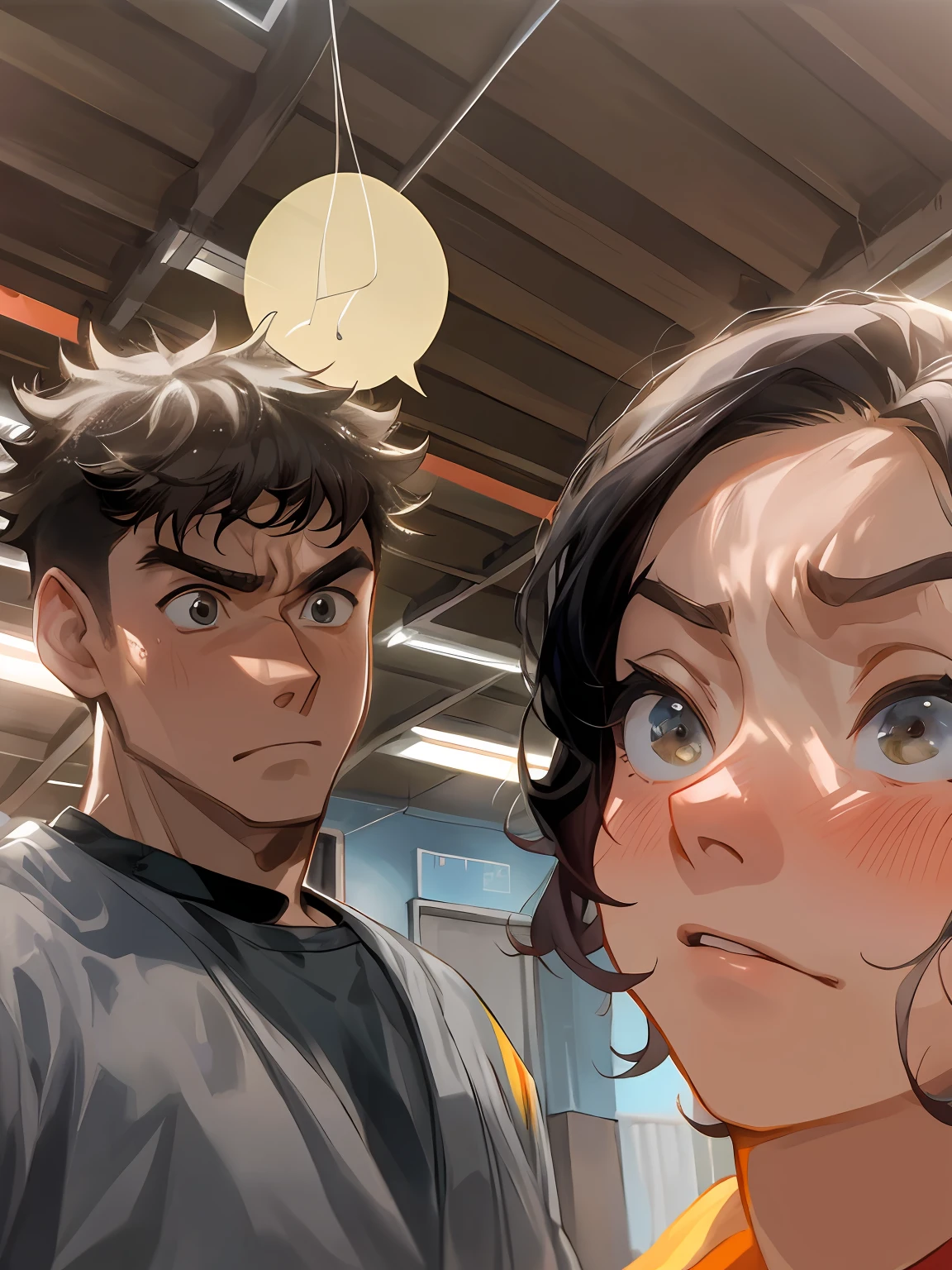 there is a man and a woman standing in a gym, headshot profile picture, tyler edlin and natasha tan, looking defiantly at the camera, coworkers, hard lighting!, they are very serious, sweaty face, taken in the early 2020s, looking scared, looking distracted and awkward, with haunted eyes and crazy hair, glaring at the camera