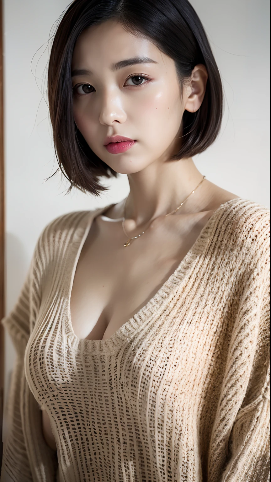 (Best quality, 8K, 32K, Masterpiece, hyper HD:1.2),Photo of Pretty Japanese woman in the, Large breasts, Very short Bob hair,Upper body,(Oversized_Sweater,:1.1) necklace, Simple background, looking around a corner, Bigboobs，nakeness