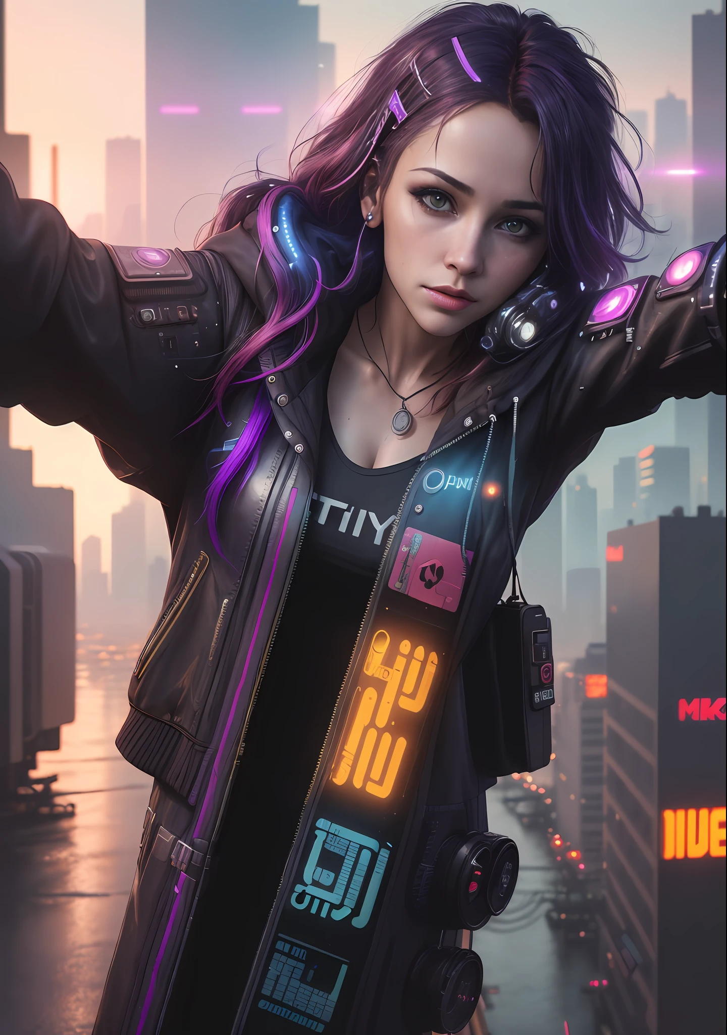 18 years old female, realistic, 1 cyberpunk, ((ultra-realistic detail), global illumination, shadows, octane rendering, 8k, super sharp, highly complex details, realistic light, CGsociety trend, neon detail, sharp eyes, blue smoke light effect next to the eyes, glowing eyes, high detail, sunglasses decoration, full body, on street background, sideways facing the camera, cool styling