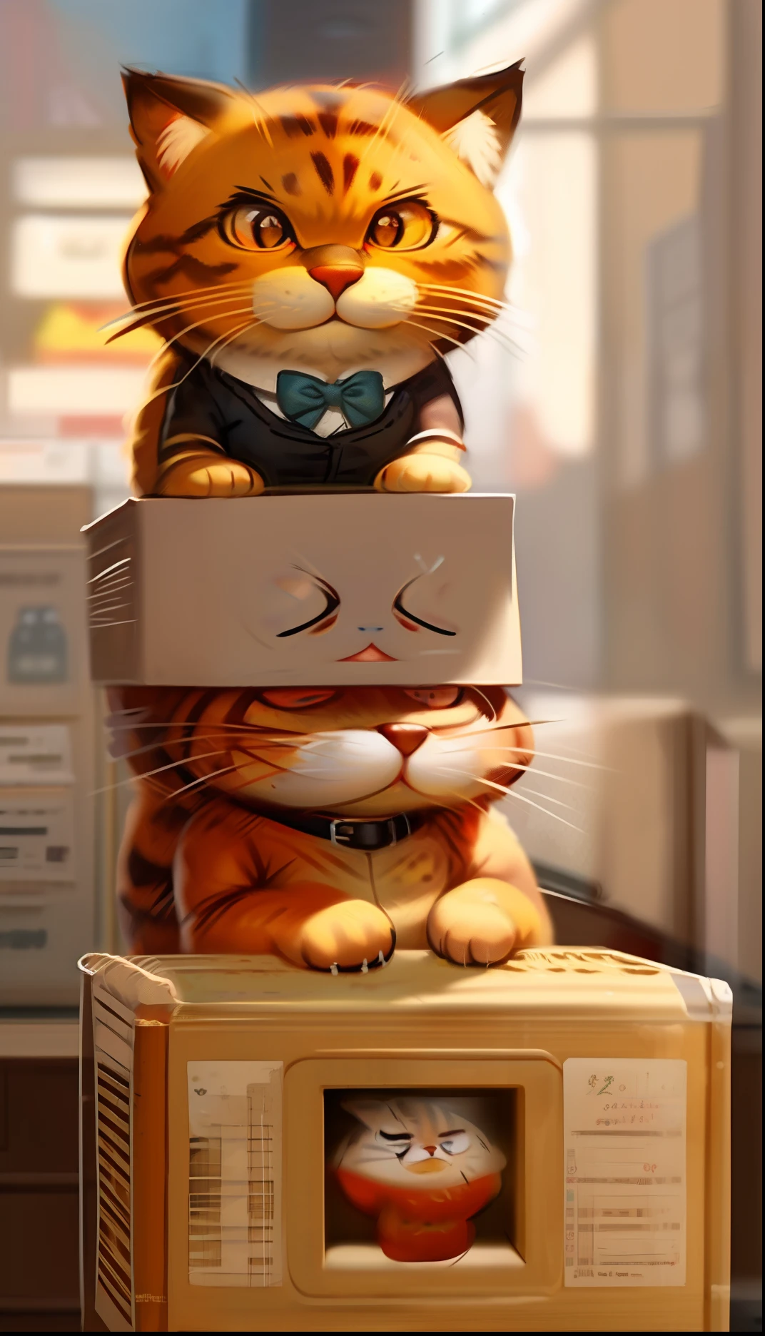 There is an image of a cartoon SMILE cat sitting in a cup , Garfield, Garfield, o gato, Com Garfield, o gato dos desenhos animados, Garfield eating bread , Quadrinhos de Garfield, Retrato de Garfield, Eldritch abomination Garfield, Garfield Catface, Highly detailed VFX espresso,4k mascote de cereais, Kenny Wong x Pop Mart, toon aesthetic, CGI inicial