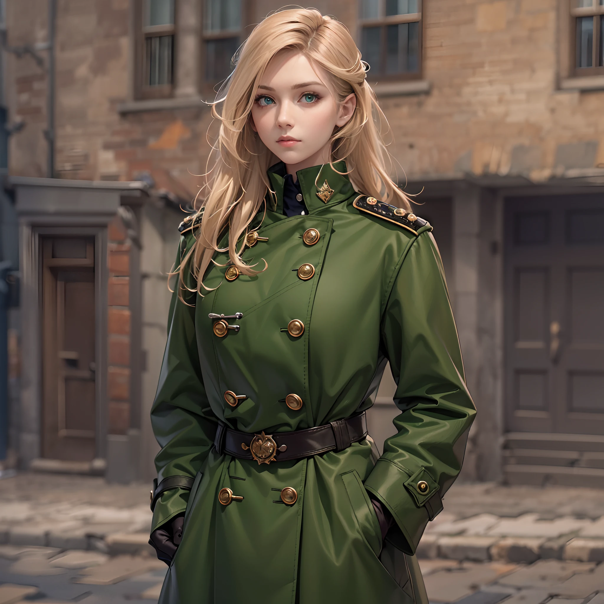 One lonely young adult girl, Tall stature, little chest, closed mouth, Slavic appearance: Green eyes; blond hair; sharp facial features; dimple on the chin; Straight nose; high nose; pronounced high cheekbones; high forehead, stands upright, wears a military uniform: Dark green double-breasted overcoat with 6 fasteners; gray pants; high black boots; black leather gloves, Standing in the middle of the street, Background in the picture: A street with a stone paved road with European stone houses from the first half of the 20th century; People in clothes of the mid-20th century, High quality shadows, High quality of light, High quality clothing, Masterpiece picture quality, max detail, Masterpiece quality, High-definition image.