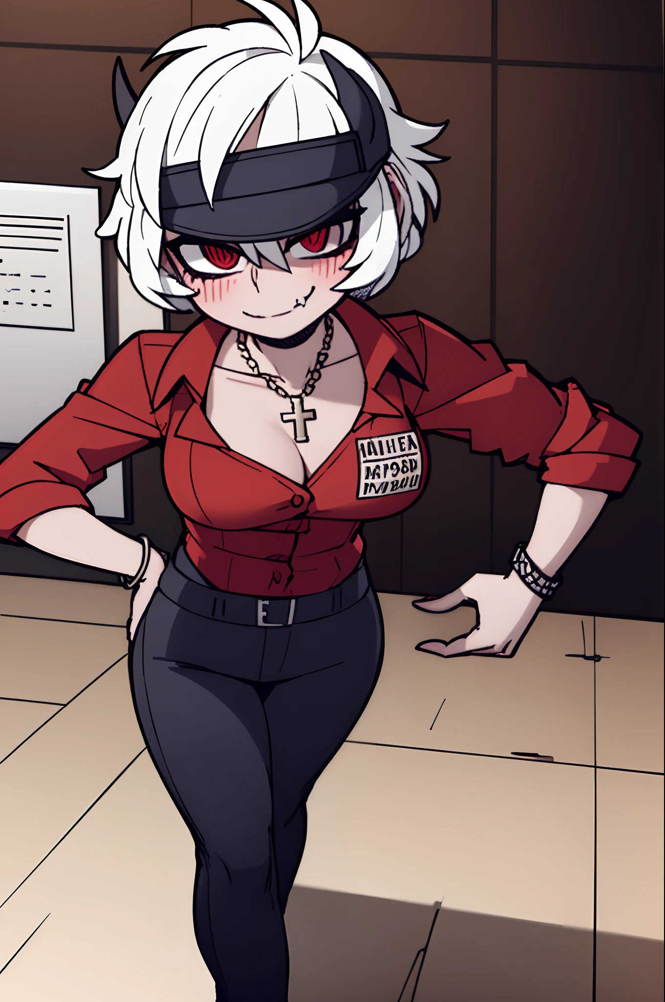 1girl, solo, vest and t shirt, wrist bracelets, breasts, hands in pockets, wide hips, blush, blushing, curvy, cross necklace, heart eyes, horns on head, demon tail, black white and red outfit, suit pants, white hair, tomboy, tall, hands on hips, short hair, smile, smug, dress shoes, rolled up pants, exposed ankles, sharp focus, glowing eyes, shiny skin, tall, long legs, baggy shirt, exposed collarbone, visor cap, larger body type, horns going through headwear, countertop, tavern, red carpet, red and white lighting, behind countertop, intense lighting, intricate details on clothes, standing behind counter, skin fang,