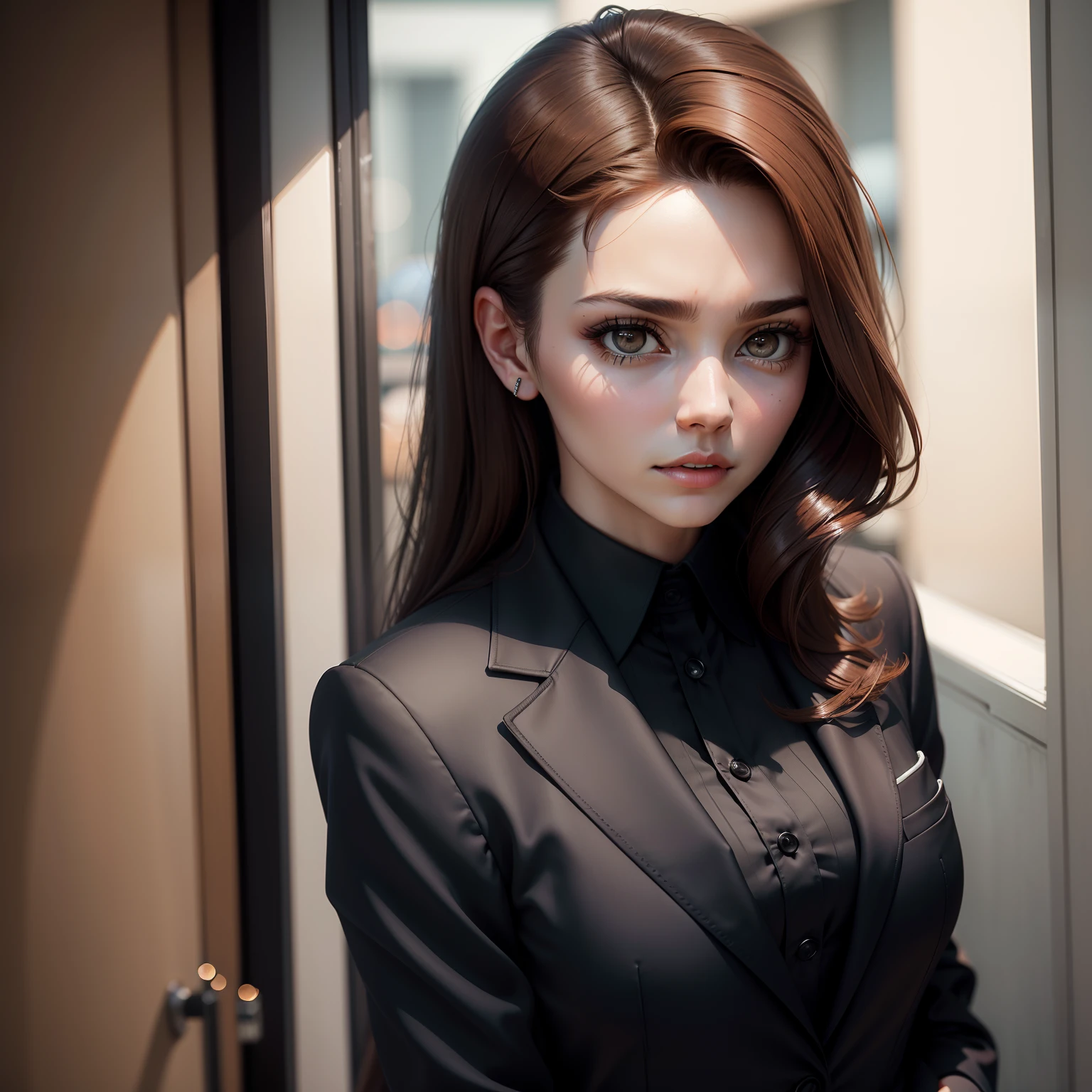 Stylish woman with bright brown hair and big eyes with long lashes is wearing a suit