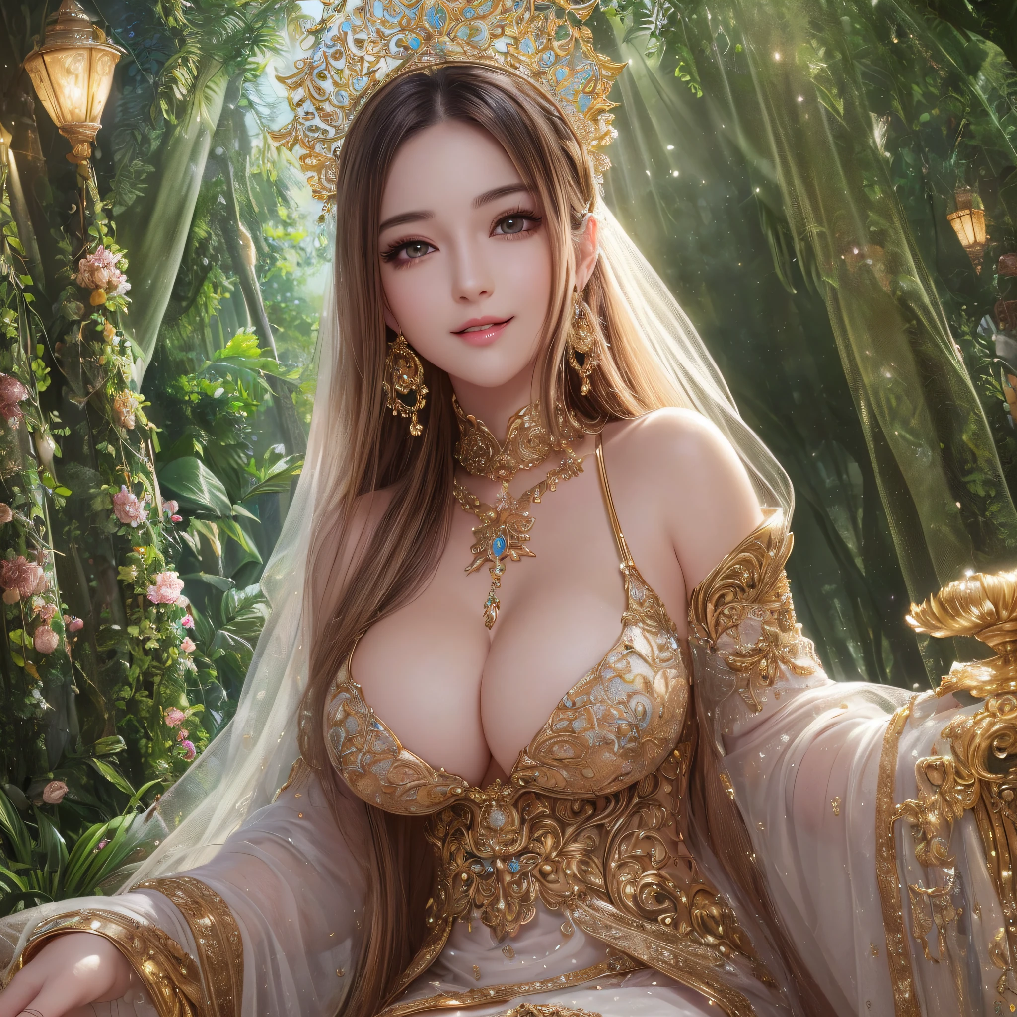 (Ultra Real), (Illustration), (High Resolution), (8K), (Very Detailed), (Best Illustration), (Beautiful and Detailed Eyes), (Best Quality), (Ultra Detailed), (Masterpiece), (Wallpaper), (Detailed Face), (Very Detailed Design, ), (Cleavage), (Very Beautiful Body Line), ((Smile that captivates viewers)), (Very shiny skin), (Bare shoulders), (Very large breasts)), female priest