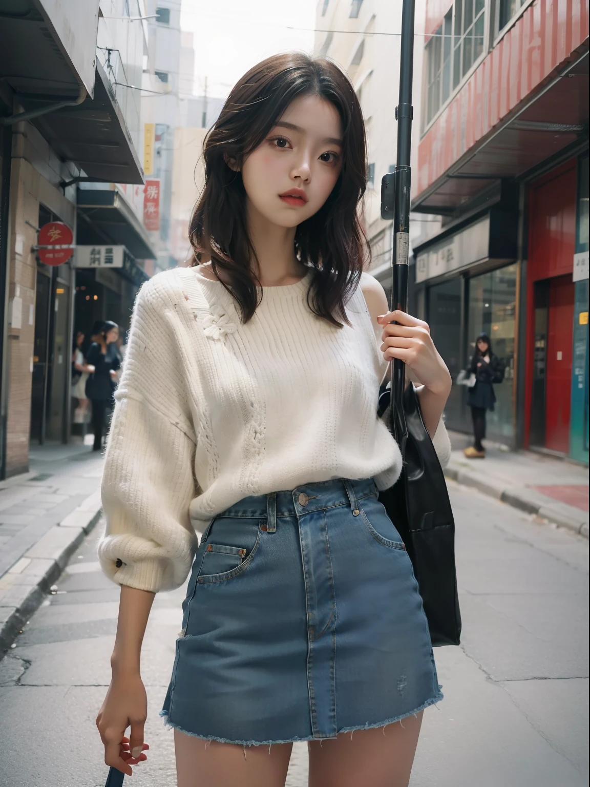 1girl,Curta,独奏,Fashion college student,Denim skirt shoot,best qualtiy,tmasterpiece,超高分辨率,(真实感:1.4)