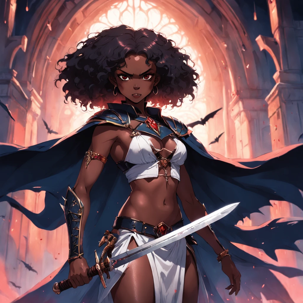 masterpiece, best quality, movie still, 1 dark skinned African woman, holding a sword on her shoulder, she is holding a sword, full bodycharacter portrait, valkyrie style character, vampire woman, vampire fangs, afro hair