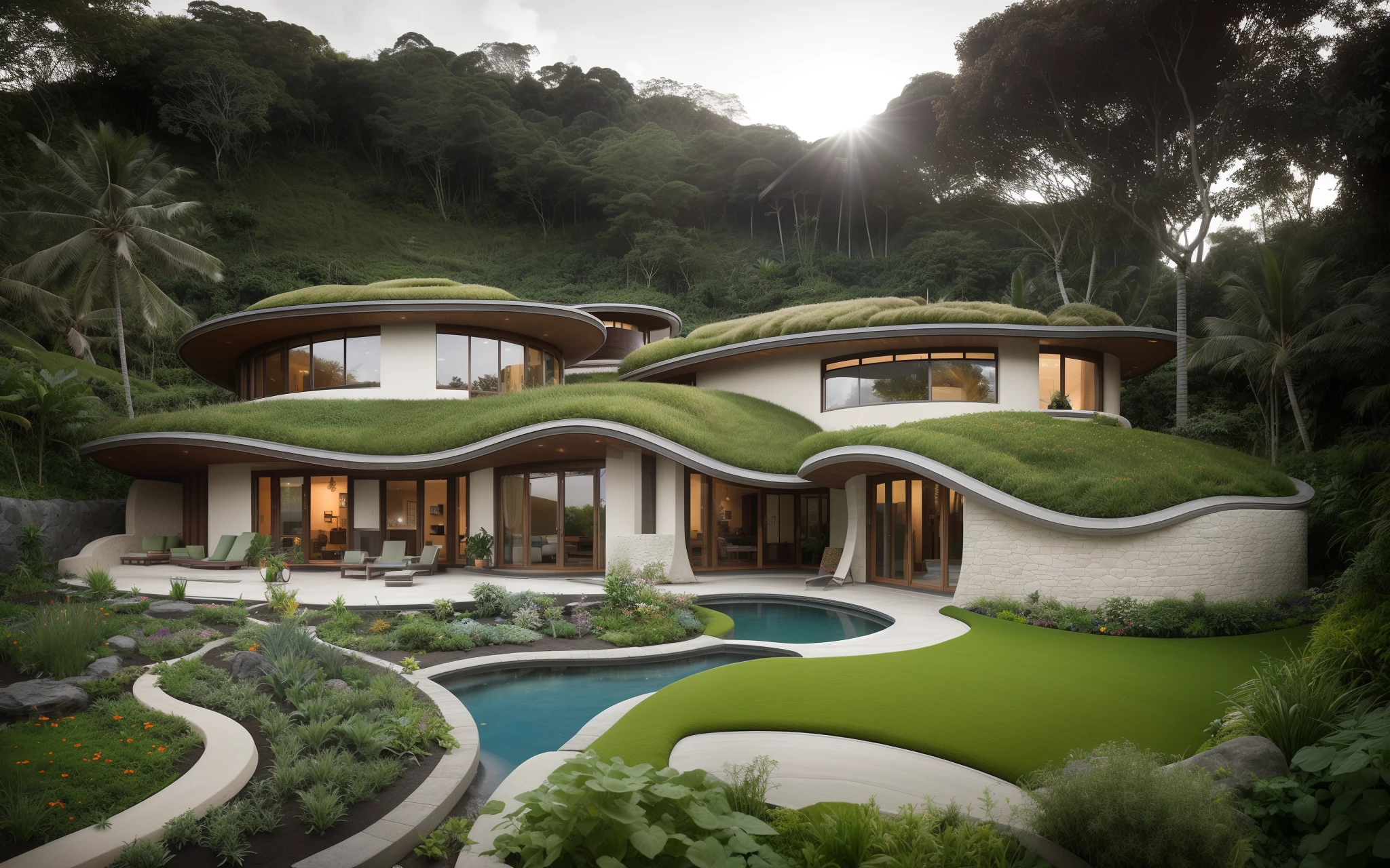 A imposing symetric contemporary modern hobbit house with organic curved walls in tropical garden, plaster (((rustic mud stucco))) and a (((wave shape greenroof))), ((wood and rake fascia roof)), eaves, porch, ((timber frame roof)), (((in the bali tropical backyard))), ((rounded corners walls)), ((rustic mud plaster)), (((curved organic rounded corners walls))), (((rustic earth plaster, mud clay stucco))), natural houses, bali style, Organic Buildings, Organic Architecture, Earthworks, Ecovillage, Sustainable Architecture, Biobuilding, Solarpunk Architecture, (((Grass Roof, Green Roof, Green Wave Roof, Rounded Roof, vegetated roofs))), green architecture, Passive house, Rock Foundation, clean sky in background, Interdimensional Villa, a painful beauty, organic architecture, green house, Super Resolution, cinematic, color grading, editorial photography, photography, Photo Shoot, 3/4 views, 3 / 4 views, Spring 50mm, Depth of Field, Intricate Details, Natural Colors, Sharp Focus, Warm Light, Shutter Speed 1/1000, F/22, White Balance, Ray Trace Reflections, Lumen Reflections, Screen Space Reflections, Diffraction Classification, Chromatic Aberration, GB Offset, Partial Illumination, Backlight, Natural Illumination, Sweep Lines, Ambient Occlusion, Anti-Aliasing, Shaders, OpenGL-Shaders, GLSL-Shaders, Post Processing, Post Production, The Shading, Tone Mapping, Insanely detailed and intricate, hypermaximalist, elegant, hyperrealistic, super detailed, dynamic pose, Fujifilm XT3