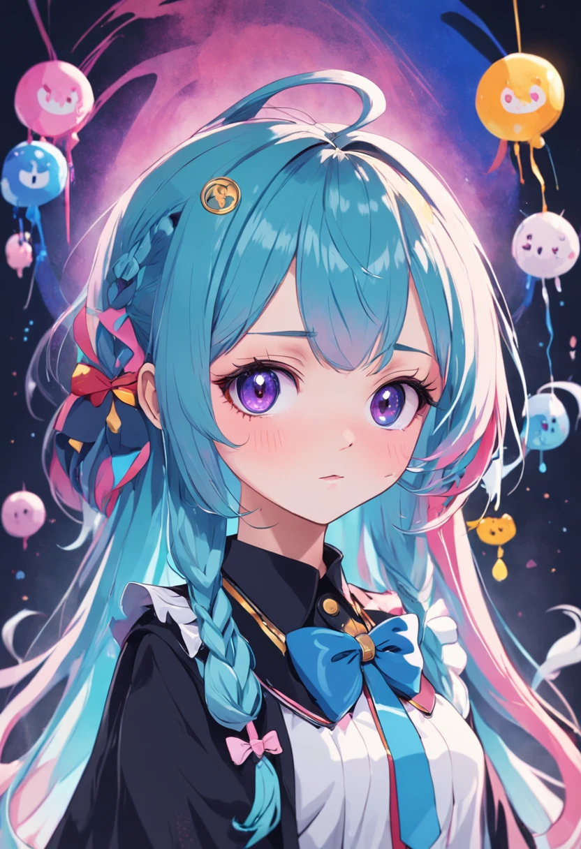 {{{{{{1 badge}}}}}},{{logo}},{ dripping ink}, wonderland,multicolored hair,frills,kawaii,logo design, badge design,{kawaii},{{1girl}}, overexposure, {{Minimalism}}, round frame,colorful, blunt bangs , gothic decoration,{harajuku fashion},{{{{jitome}}}},pony tail,bashful,dutch angle,sunlight,masterpiece