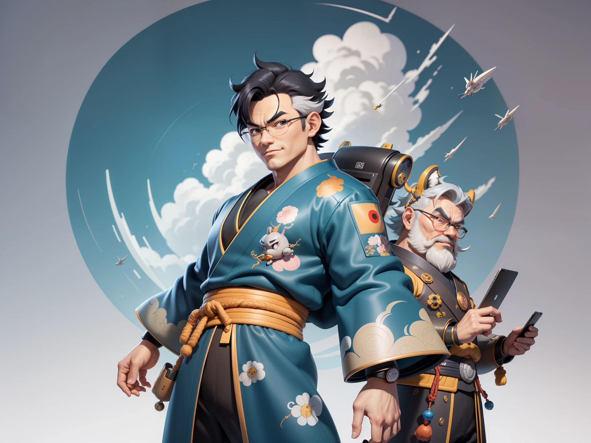 (Masterpiece), (Excellent), (Super Meticulous), (Full Body: 1.2), Super Young Man, Oriental Face, Japanese Kimono, Japanese Wind Thunder God, Dragon, Tiger, TV Anchor, Bust Portrait Illustration, Alone, Black Suit, Blue Tie, Slightly Chubby Face, Very Clean Face, No Beard, Black Super Short Hair, Black Eyes, Confident Smile, 3c Computer Sub-Products, iPad, iPhone, Digital Painting, 3D Character Design by Akira Toriyama and Mark Claireden and Pixar and Hayao Miyazaki, The illustration is a high-definition illustration in 4K resolution with very detailed facial features and cartoon-style visuals.