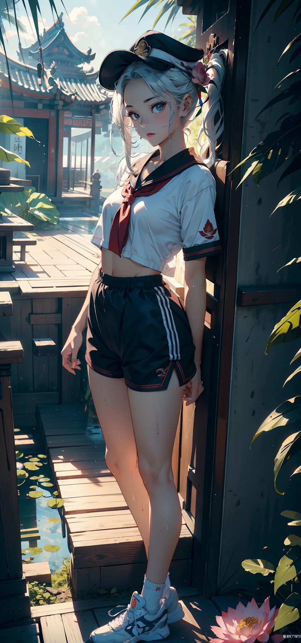 1female，3 ，bit girl，Small loli，smalnderboob，Pornographic exposure， 独奏，（Background with：bamboo forrest，lotuses，lotus flower，exteriors，Lotus pond） She has short silver-white hair，standing on your feet，Sweat profusely，drenched all over the body，seen from the front， hair straight， mostly cloudy sky，（（（tmasterpiece），（Very detailed CG unity 8K wallpaper），best qualtiy，cinmatic lighting，detailed back ground，beatiful detailed eyes，Bright pupils，Black eyes，（Very fine and beautiful），（Beautiful and detailed eye description），ultra - detailed，tmasterpiece，）），facing at camera，A high resolution，ultra - detailed），revealing breasts，Bare genitalia，  Bulge，legs are open，Raised sexy，Camel toes，Flushed complexion，Open-mouthed，frontage，high school senior，Sailor's cap（Wearing：Chinese Ancient Times，Sailor uniform，Slave girl collar，sexy shorts，athletic sneakers）Full body photo，Show shoes
