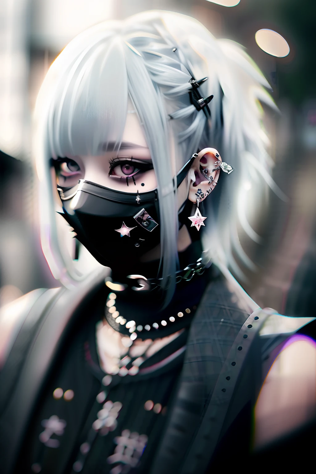 goth_punk, 1girl, solo, medium shot, walking in harajuku, ((night time)), bokeh, neon light, iridescent eyes, starry sky, white shimmer hair, white eyebrow, glowing hair, (iridescent white hair), earrings, bangs, jewelry, mask, blunt bangs, green eyes, mouth mask, blurry background, blurry, hair ornament, looking at viewer, short hair, portrait, sidelocks