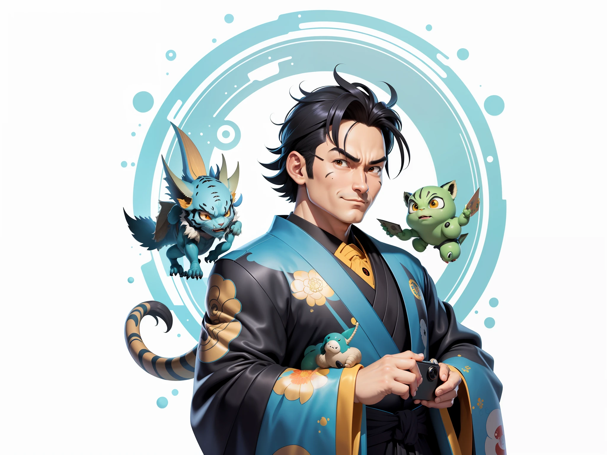 (Masterpiece), (Excellent), (Super Meticulous), (Full Body: 1.2), Super Young Man, Oriental Face, Japanese Kimono, Japanese Wind Thunder God, Dragon, Tiger, TV Anchor, Bust Portrait Illustration, Alone, Black Suit, Blue Tie, Slightly Chubby Face, Very Clean Face, No Beard, Black Super Short Hair, Black Eyes, Confident Smile, 3c Computer Sub-Products, iPad, iPhone, Digital Painting, 3D Character Design by Akira Toriyama and Mark Claireden and Pixar and Hayao Miyazaki, The illustration is a high-definition illustration in 4K resolution with very detailed facial features and cartoon-style visuals.