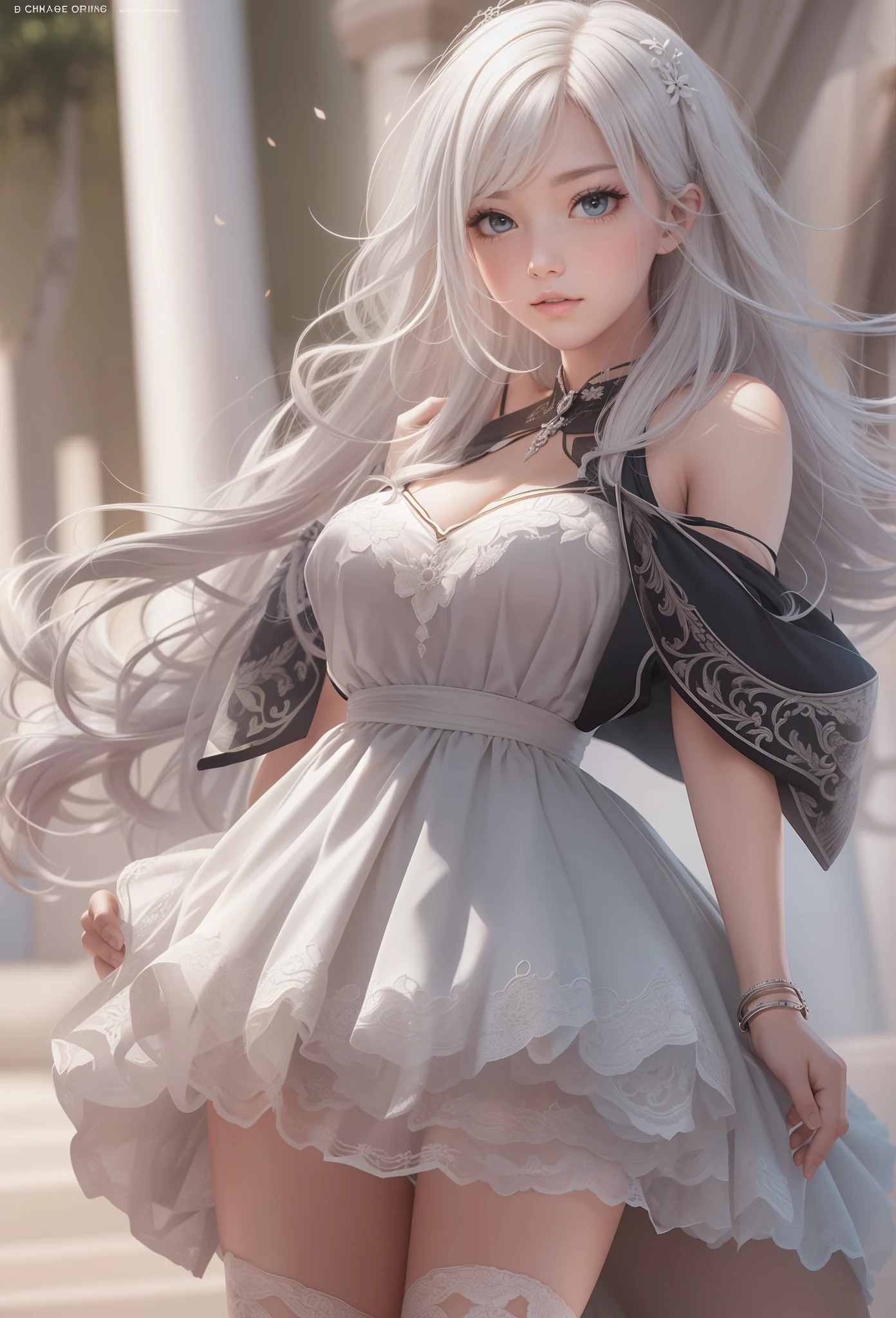 anime girl with long white hair sitting on a bed, cute anime waifu in a nice dress, loli in dress, Girl with white hair, Guviz-style artwork, Detailed digital anime art, 8K high quality detailed art, Beautiful anime girl, Perfect white haired girl, anime barbie in white, Beautiful anime woman, Anime art wallpaper 8 K