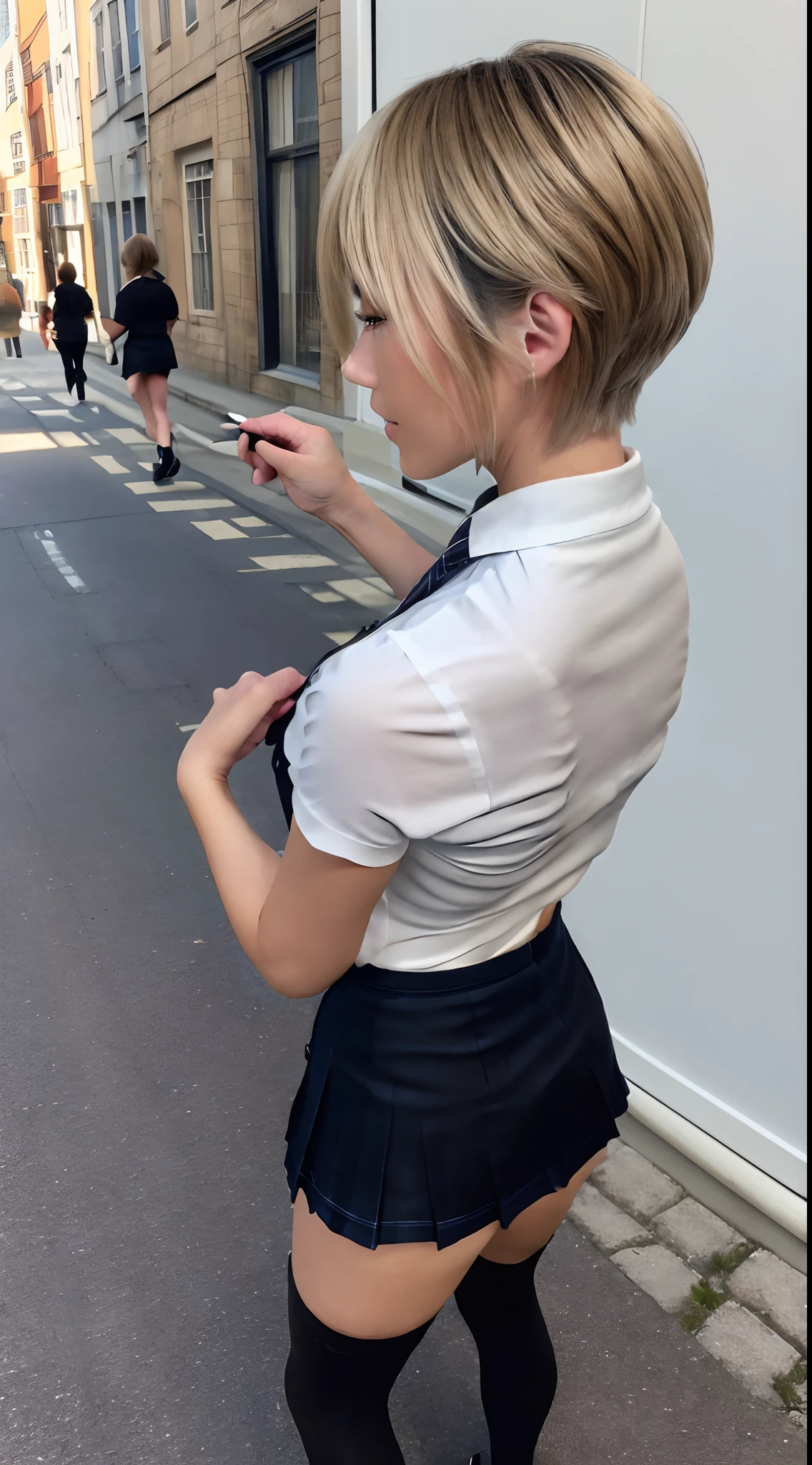 (8K, 超A high resolution, Best Quality, masutepiece:1.2),(18year old:1.2)、(Look away)、8K、RAW portrait of japanese girl、Photorealsitic、超A high resolution、top-quality、 (huge-breasted、Close all buttons on the shirt:1.4)(student clothes、Pure White Cutter Shirt、Blue Check Pleated Mini Skirt:1.4)、(in a street、Drawing from the side、Angle from the side:1.6) BREAK (Natural Skin Texture、Detailed skin、Hyper-Realism、ultra sharpness)、intricate detailes、depth of fields(Put a white shirt inside the skirt:1.3)、Show the armpits、Plaid pleated skirt(Blonde short-haired、Shiny legs、Black loafers、Black stockings:1.3)