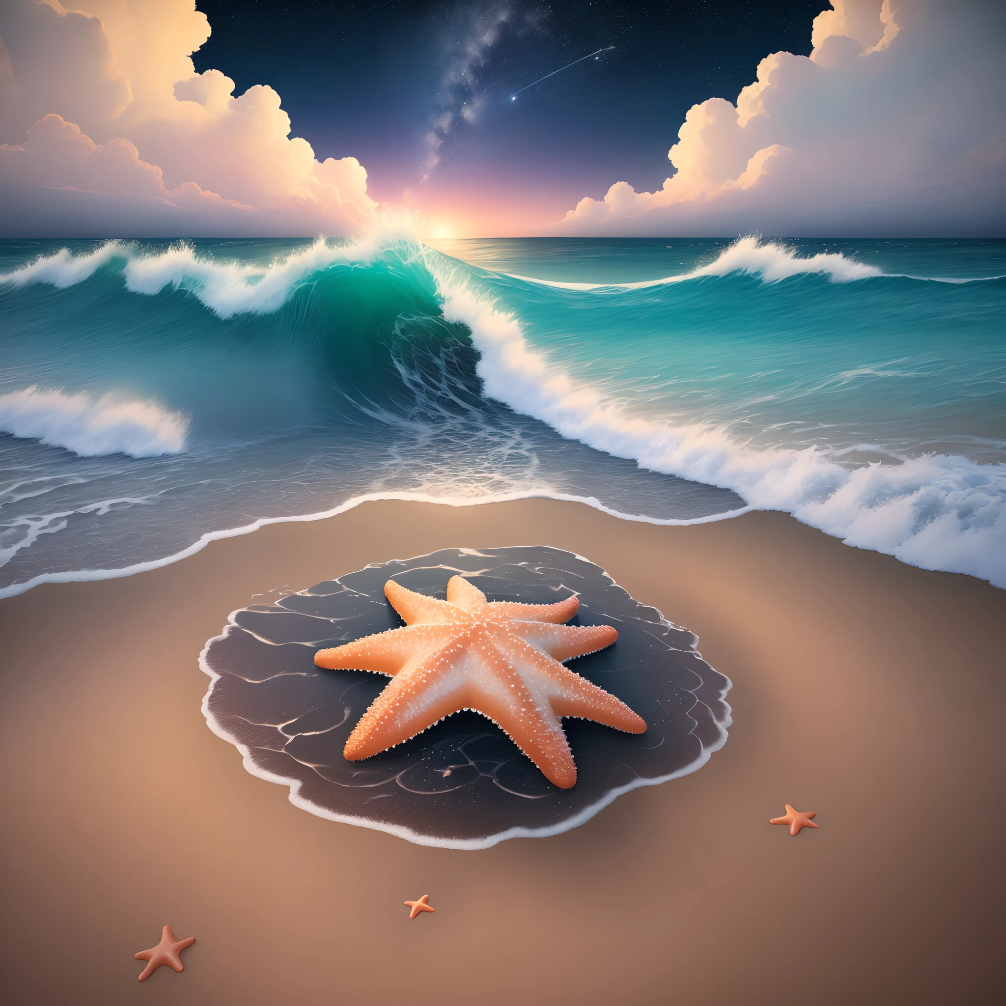 Starfish on the beach cartoon fantastic unreal engine,star,starlight,(sea:1.1),ocean,(wave:1.1),(sky:0.8),(cloud:0.8),1girl,(stars floating on the sea surface:1.2),best quality,masterpiece,illustration,an extremely delicate and beautiful,extremely detailed,unity,8k wallpaper,Amazing,finely detail,masterpiece,best quality,colorful stars,