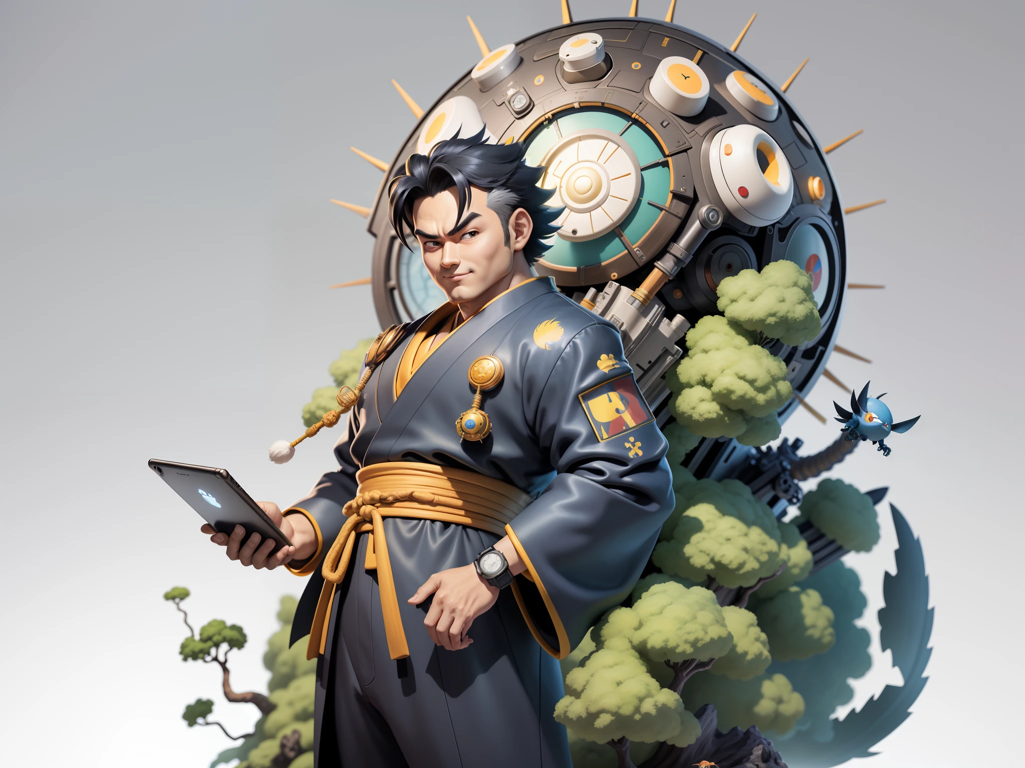 (Masterpiece), (Excellent), (Super Meticulous), (Full Body: 1.2), Super Young Man, Oriental Face, Japanese Kimono, Japanese Wind Thunder God, Dragon, Tiger, TV Anchor, Bust Portrait Illustration, Alone, Black Suit, Blue Tie, Slightly Chubby Face, Very Clean Face, No Beard, Black Super Short Hair, Black Eyes, Confident Smile, 3c Computer Sub-Products, iPad, iPhone, Digital Painting, 3D Character Design by Akira Toriyama and Mark Claireden and Pixar and Hayao Miyazaki, The illustration is a high-definition illustration in 4K resolution with very detailed facial features and cartoon-style visuals.
