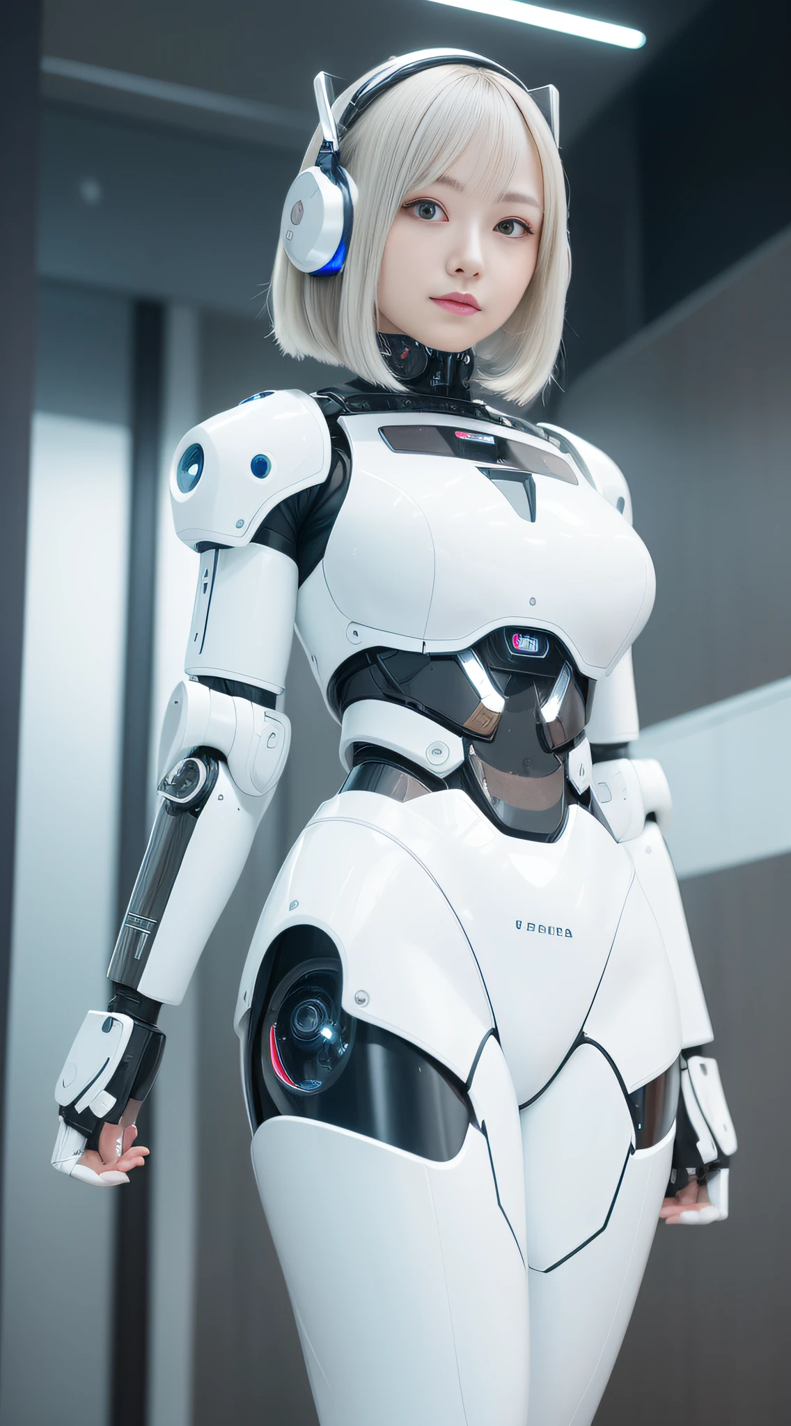Girl in futuristic white shiny heavy armored robot suit takes photo、perfect android girl, gynoid cyborg body, Perfect Anime Cyborg Woman, Beautiful Female Android!, Female robot, fully robotic!! girl, Cute cyborg girl, cybersuit, Girl in Mecha Cyber Armor, cybersuit, beutiful white girl cyborg, Beautiful Female Android, Beautiful girl cyborg、Cute cyborg girl with short bob hair、Gravure Model Android Beautiful Girl、(A smile)、((Rounded white massive chest armor))、(((Long sensor antennas in both ears)))、(((Robot Girl)))、(((Beautiful Girls Android)))、