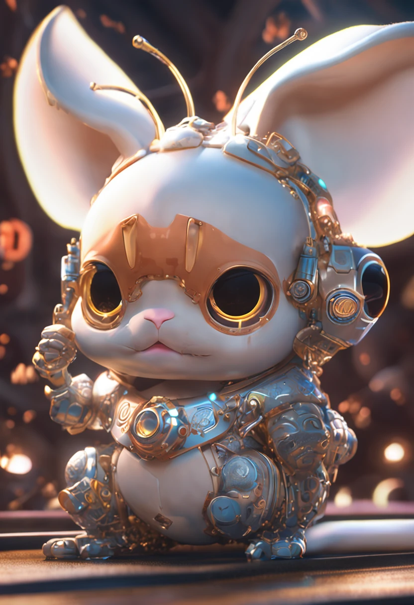Cute cute rabbit, steampunc, Futuristic, Neon lighting, Sunlight, rays of sunshine, intricately details. 8K, Dreamlike, Super cute, Symmetrical, Soft lighting, trending on artstationh, Intricate details, Highly detailed,  illusory engine, author：ross tran, Phlegm sputum, phlegm, Artgerm and James Jean, Brian Froud, art illustration by Miho Hirano, Neimy Kanani, oil on the canvas：Aykut Aydogdu, cute big circular reflective eyes, Pixar render, unreal engine cinematic smooth, intricately details