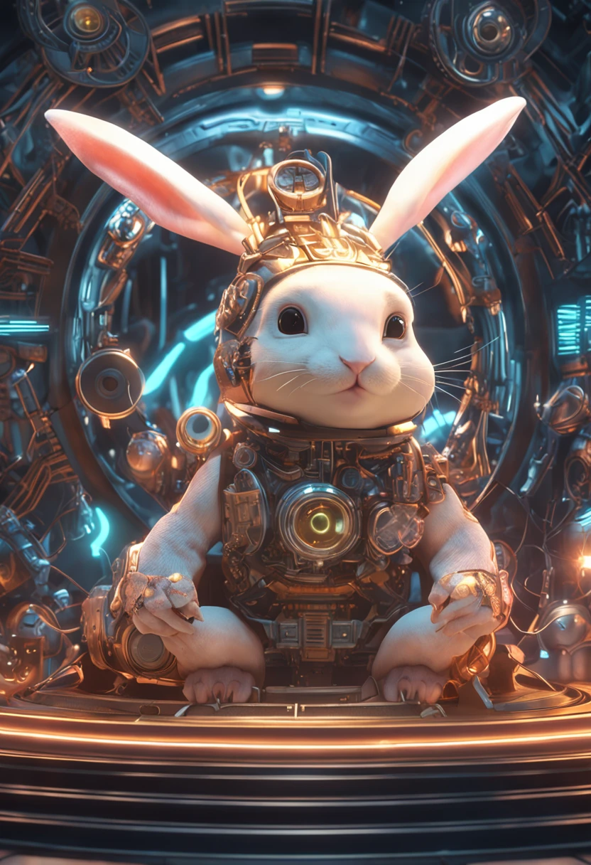 Cute cute rabbit, steampunc, Futuristic, Neon lighting, Sunlight, rays of sunshine, intricately details. 8K, Dreamlike, Super cute, Symmetrical, Soft lighting, trending on artstationh, Intricate details, Highly detailed,  illusory engine, author：ross tran, Phlegm sputum, phlegm, Artgerm and James Jean, Brian Froud, art illustration by Miho Hirano, Neimy Kanani, oil on the canvas：Aykut Aydogdu, cute big circular reflective eyes, Pixar render, unreal engine cinematic smooth, intricately details