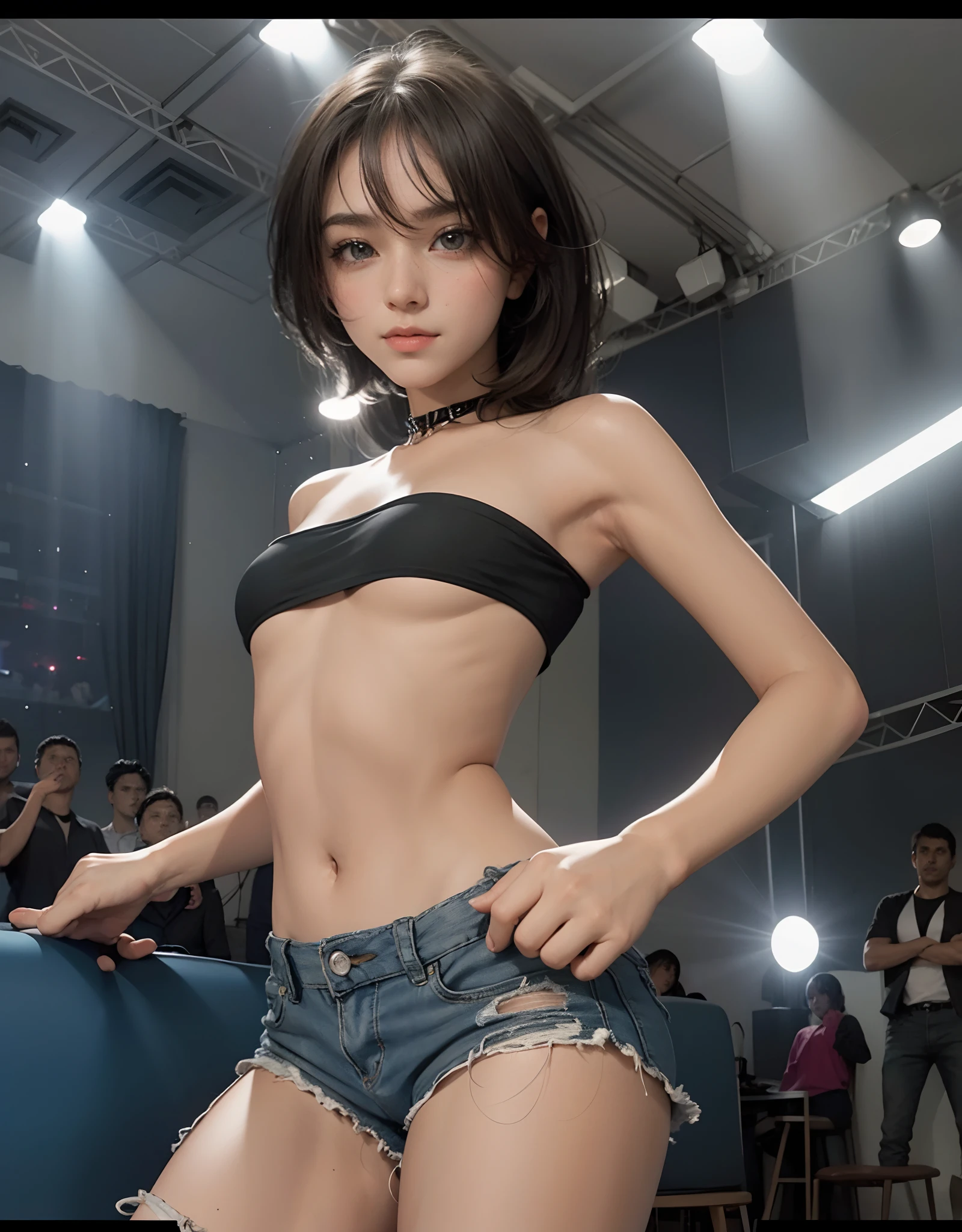 Uma , discoteca, usando um top bandeau e shorts tonificados que acentuam suas pernas. seios grandes 1.4, The light rays from the LED screens and the stage create a cinematic lighting effect, Fazendo a cena parecer uma obra-prima. Your skin is perfect and your short hair is reddish, Adding to the vibrant atmosphere of the nightclub. The camera focuses on your entire body, which is toned and highlighted by light rays. Brightness and textures of the GPT-3 high-resolution lens.5