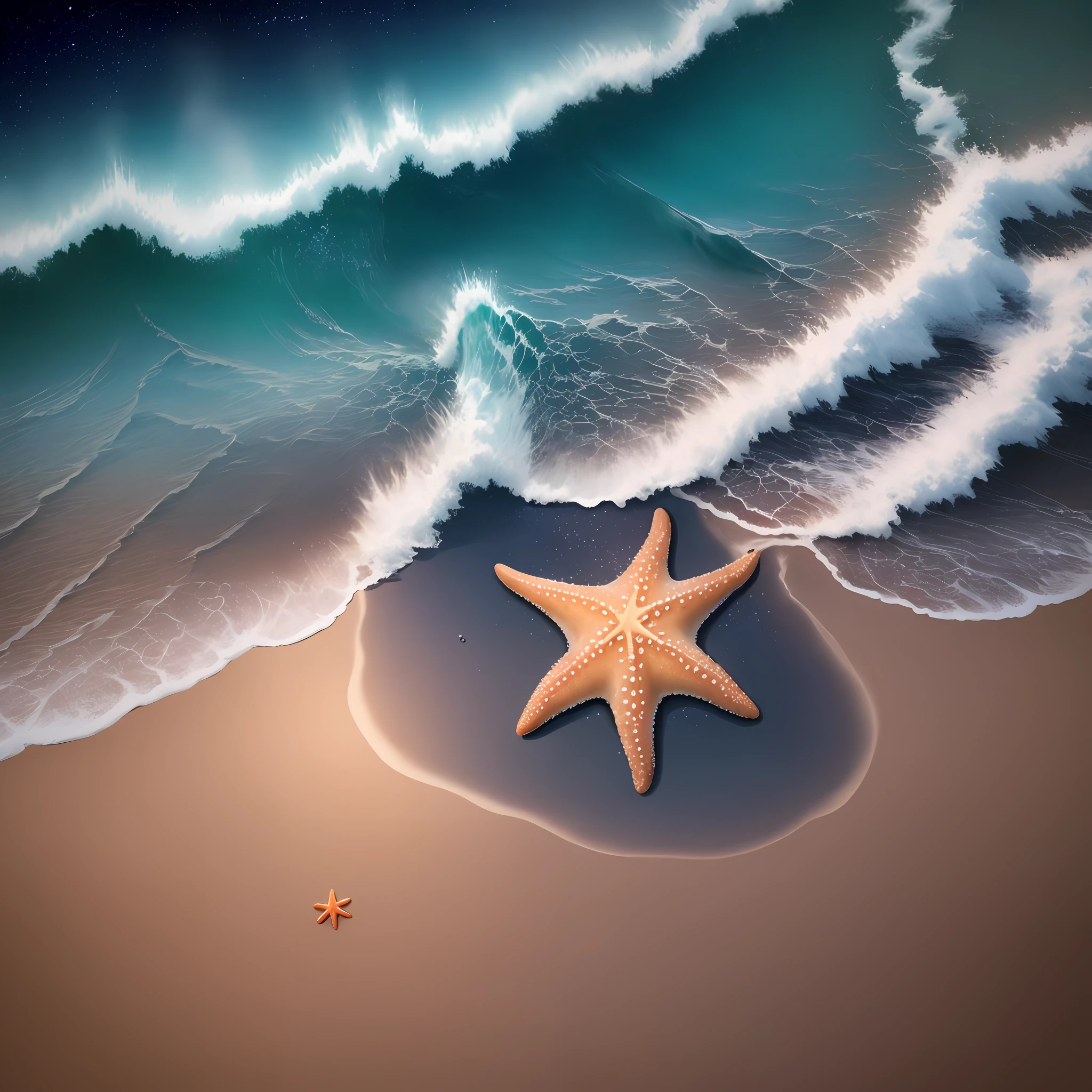 Starfish on the beach cartoon fantastic unreal engine,star,starlight,(sea:1.1),ocean,(wave:1.1),(sky:0.8),(cloud:0.8),1girl,(stars floating on the sea surface:1.2),best quality,masterpiece,illustration,an extremely delicate and beautiful,extremely detailed,unity,8k wallpaper,Amazing,finely detail,masterpiece,best quality,colorful stars,