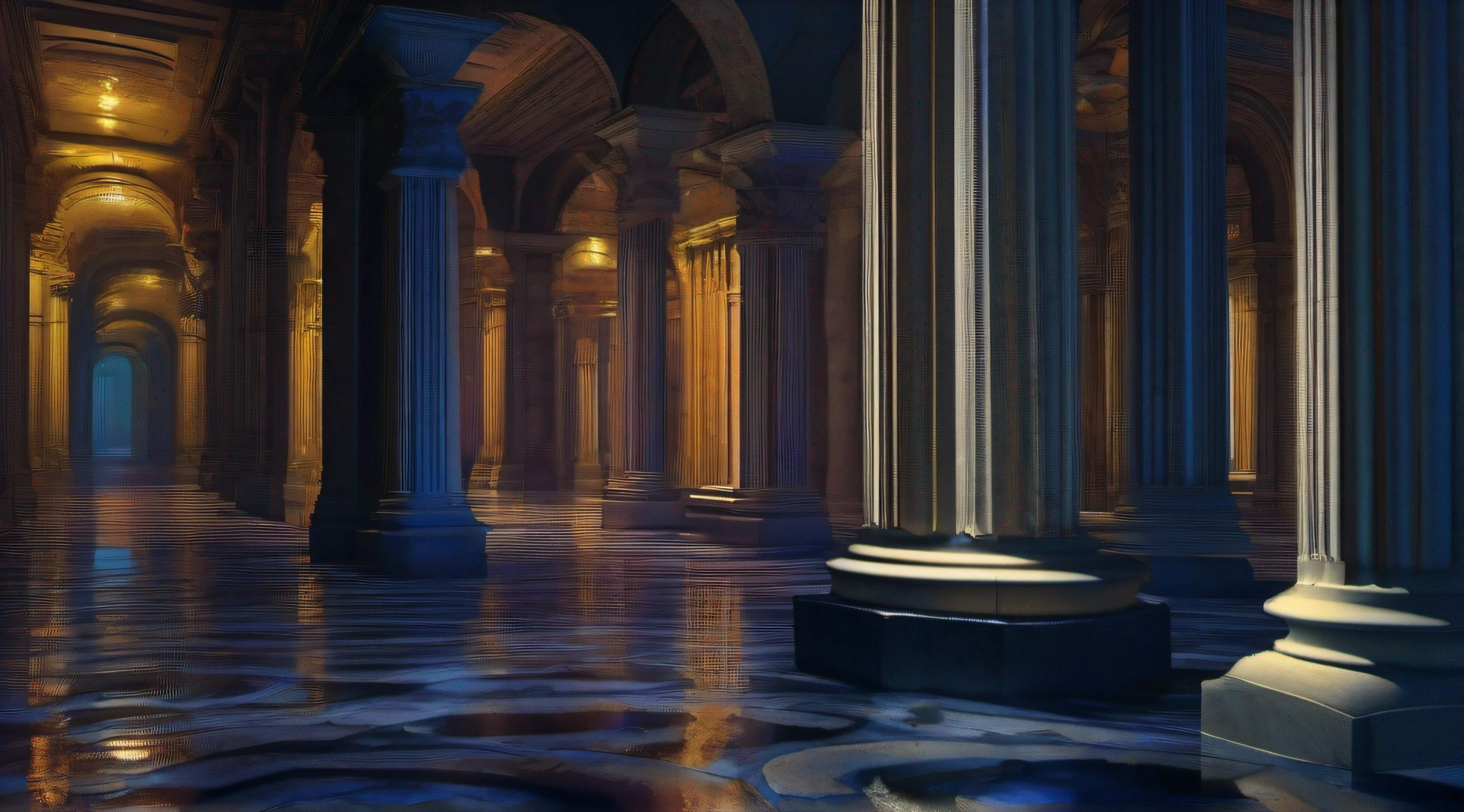 Lamento Noite Chuvosa, Na Roma Antiga, A majestic corridor with marble pillars emerges in the darkness. The rain dances quietly, kissing the ancient stone and forming gleaming puddles. No centro, A lonely man kneels, tears mingling with the rain, next to a lifeless body on the ground. A cena, como uma pintura de Van Gogh, radiates the deep anguish of loss. Luzes cintilantes projetam sombras irregulares, capturing pain in vivid detail. The nocturnal atmosphere is a melancholy symphony, and the marble pillars, testemunhas silenciosas, sustentam o peso do luto