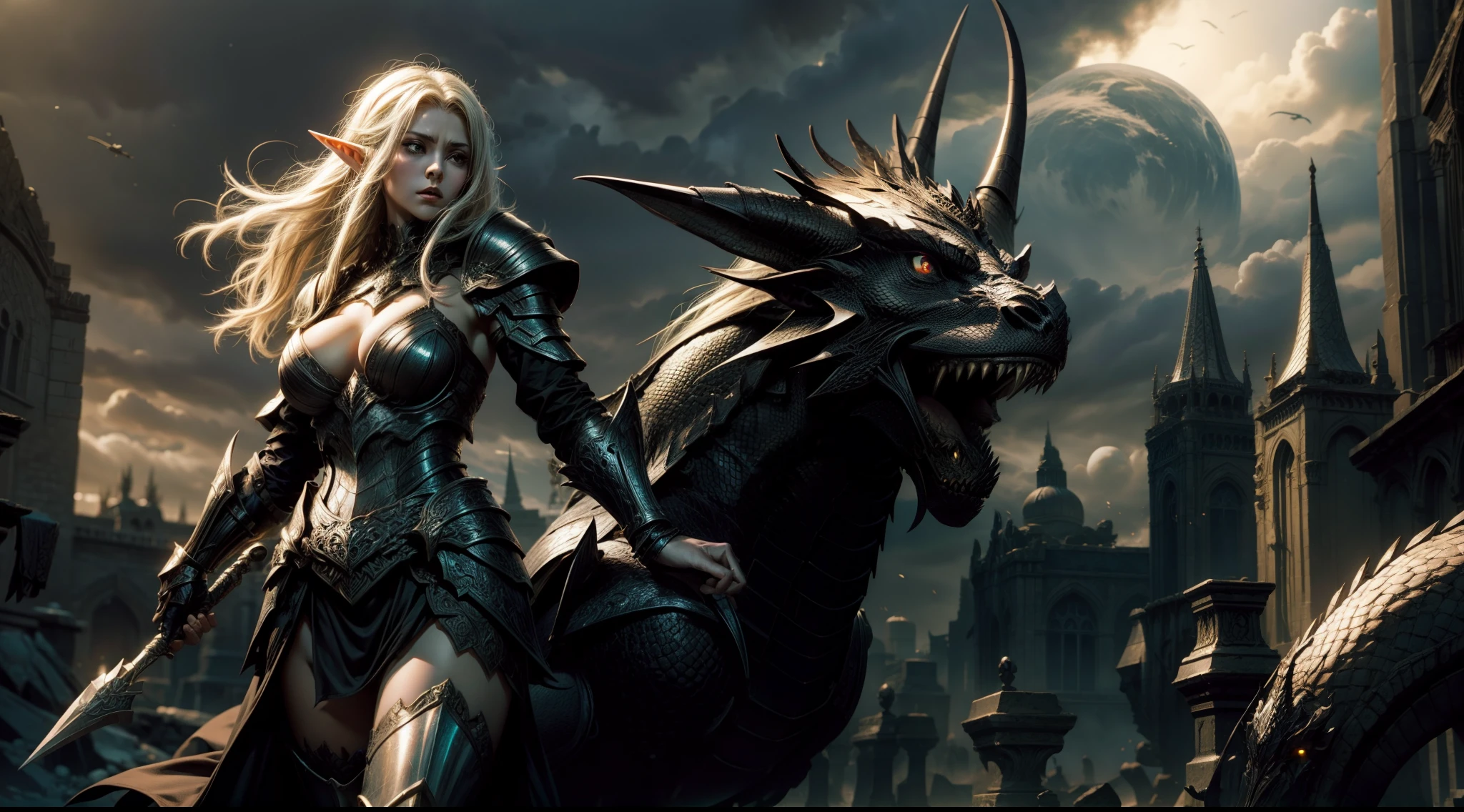 Female elf，Large breasts，Black armor，dramatics，Fly on a dragon