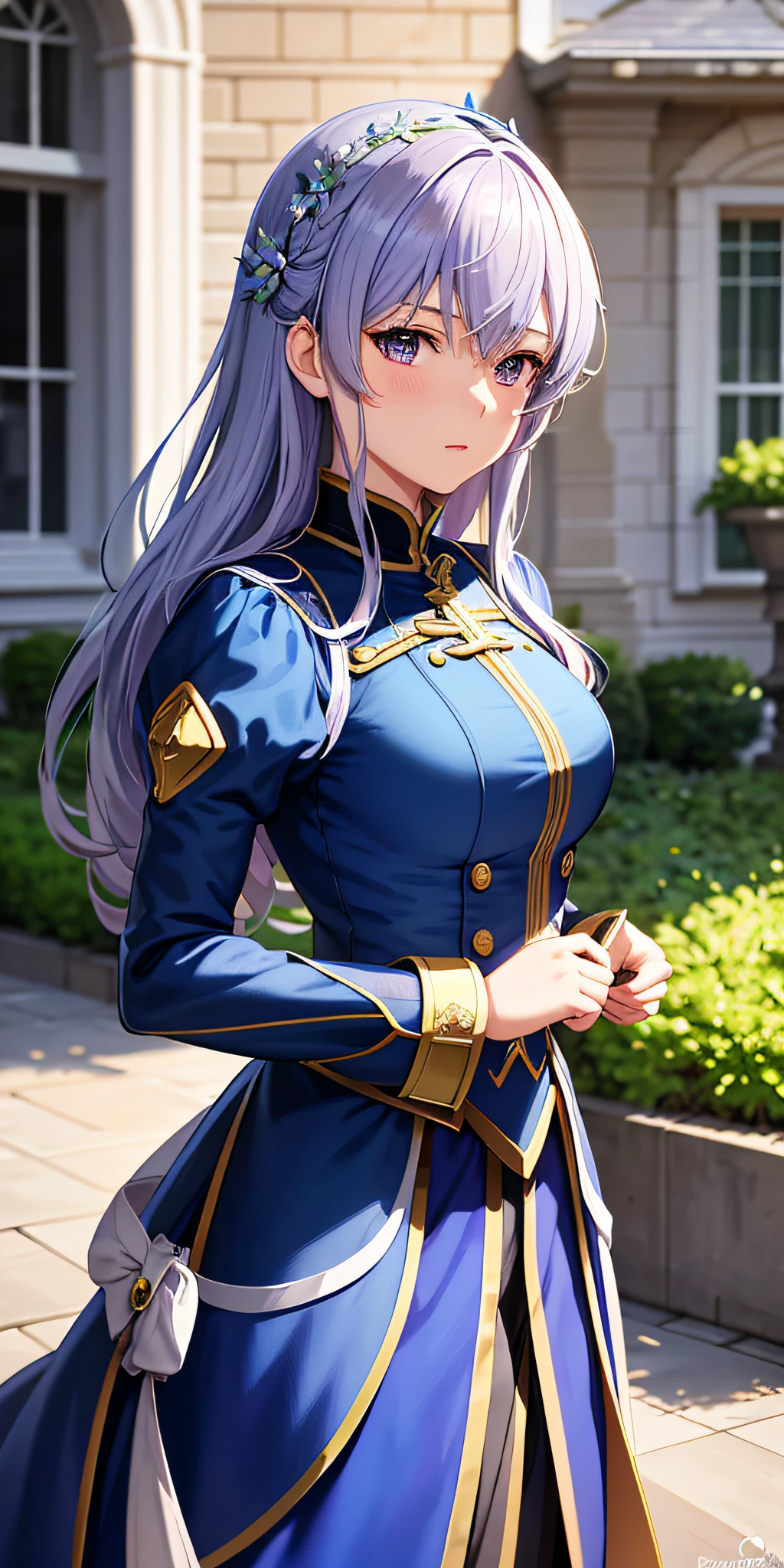 Anime girl in blue uniform standing in front of the building, a character portrait inspired by Li Chevalier, Pisif, neo-romanticism, Violet Evergarden, granblue fantasy, Artoria Pendragon, anime visual of a young woman, anime visual of a cute girl, Kawasi, detailed anime character art, Detailed key anime art, detailed portrait of an anime girl