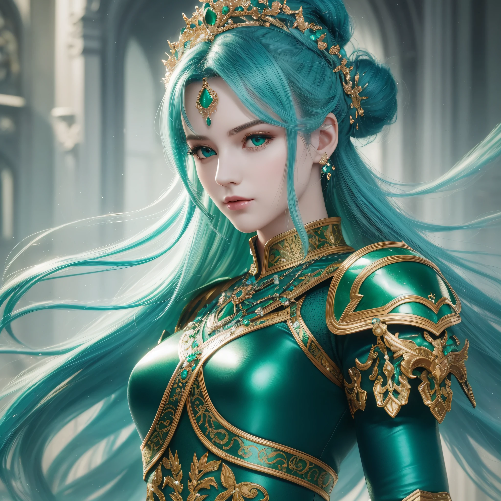 (8k, top quality, masterpiece) 1.2, (realistic, photorealistic) 1.4, super detailed, (dense design armor, emerald green, strong luster), (glossy light blue hair, hair tied back of the head), fantasy world, gorgeous royal palace depicted in detail