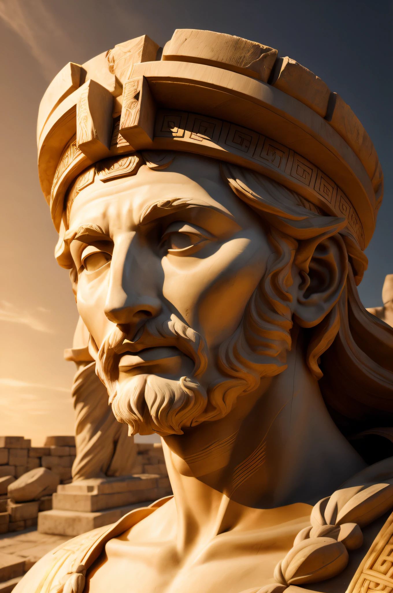 a closeup of a statue of a man with a crown on his head, Portrait of King Solomon , escultura realista de 8k bernini, master part. renderizado no liquidificador, Greek statue, statue of zeus, deusa. Detalhes extremamente altos, foto de retrato detalhada, Retrato de Zeus acidentado, ancient greek statue, deus grego, foto de retrato em close-up, rosto estoico