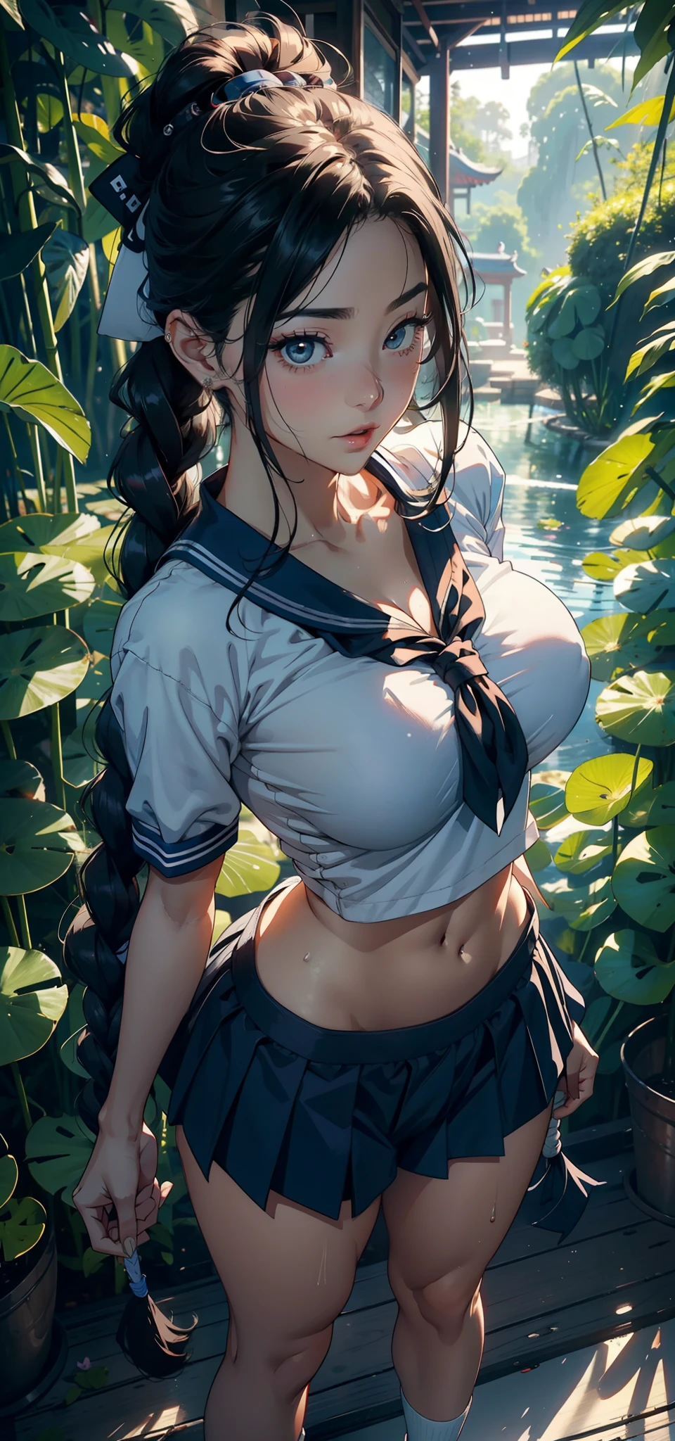 1female,35yo,熟妇,long leges,Big breasts Thin waist,Slim,huge-breasted ,Pornographic exposure, 独奏,(Background with:bamboo forrest,lotuses,lotus flower,exteriors,Lotus pond) She has short black hair,Twist braids,standing on your feet,Sweat profusely,drenched all over the body,seen from the front, hair straight, mostly cloudy sky,(((tmasterpiece),(Very detailed CG unity 8K wallpaper),best qualtiy,cinmatic lighting,detailed back ground,beatiful detailed eyes,Bright pupils,Black eyes,(Very fine and beautiful),(Beautiful and detailed eye description),ultra - detailed,tmasterpiece,)),facing at camera,A high resolution,ultra - detailed),revealing breasts,Bare genitalia, Bulge,legs are open,Raised sexy,Camel toes,Flushed complexion,Open-mouthed,frontage,Sailor's cap(Wearing:Blue sailor uniform,athletic sneakers)Full body photo,Show shoes