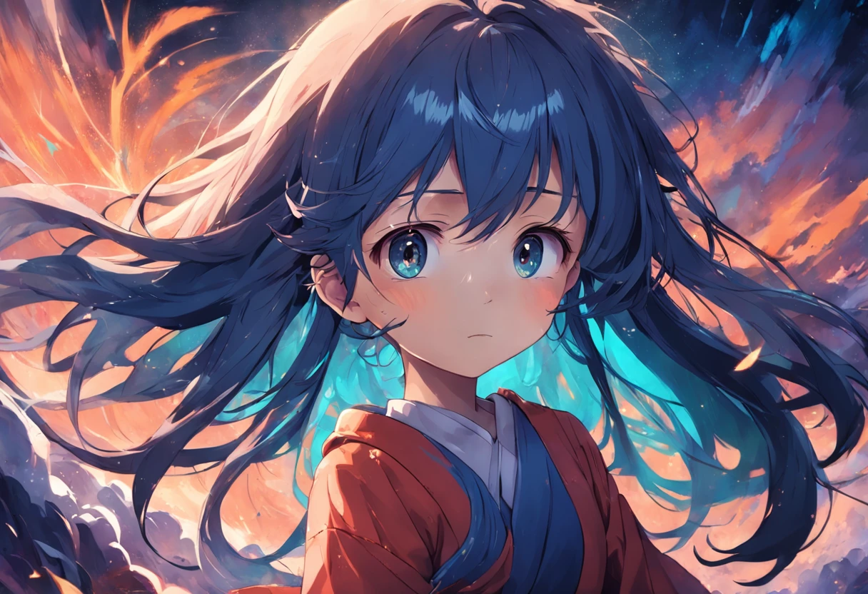 A girl with long hair and blue eyes standing in front of a fire - SeaArt AI