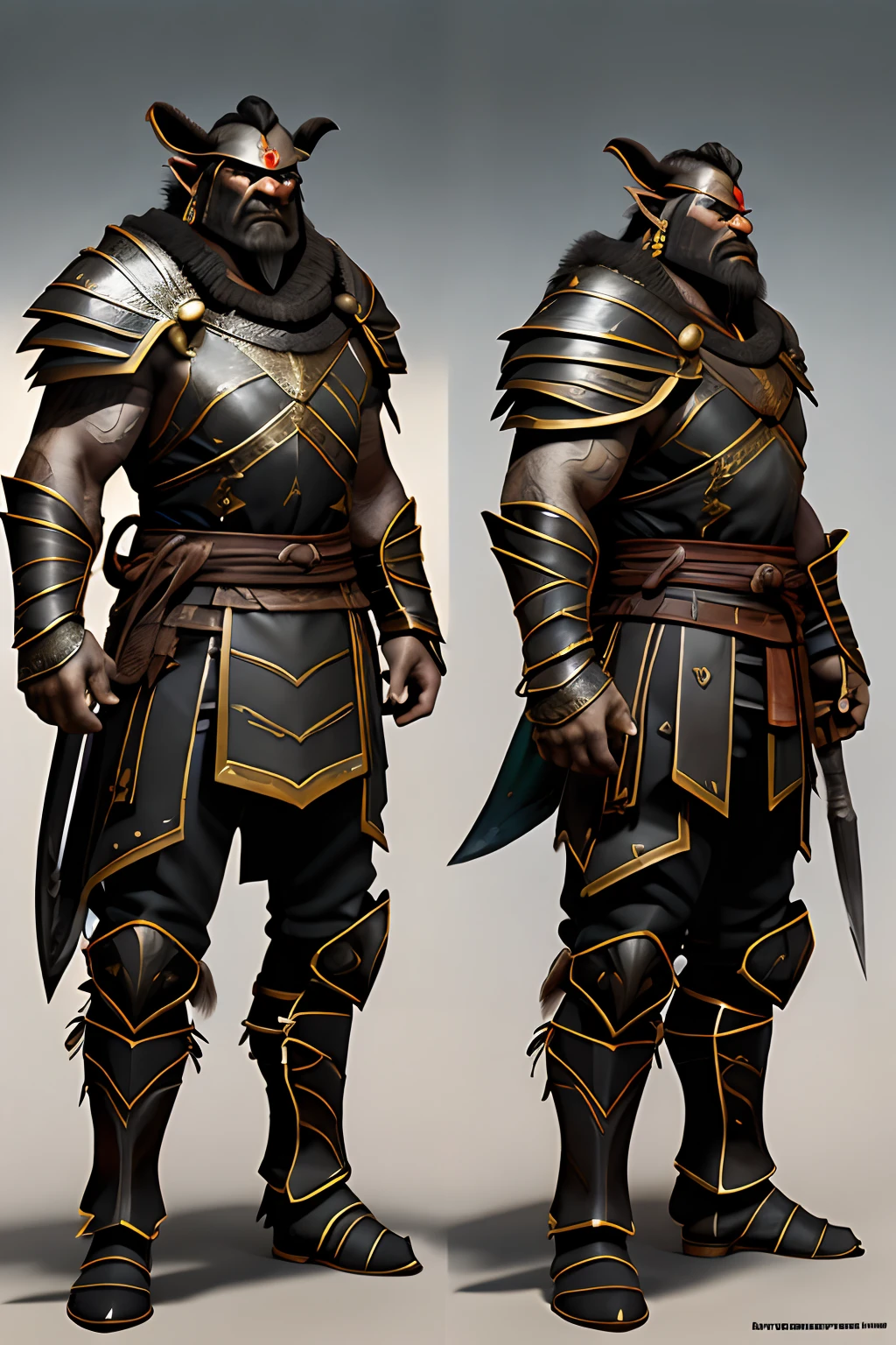 Game character standing drawing design，Disney animation，style of disney animation，Orc male，Leather armor，Fur shoulders，Stout limbs，Muscle explosions，The barefoot，Armed with a huge red axe，Different layers overlay，Different angles，（Left view full body：1.4），solid color backdrop，clean backdrop，depth of fields，high light，Real light，Ray traching，OC renderer，UE5 renderer，Hyper-realistic，best qualtiy，8K，Works of masters，super-fine，Detailed pubic hair，Correct anatomy，