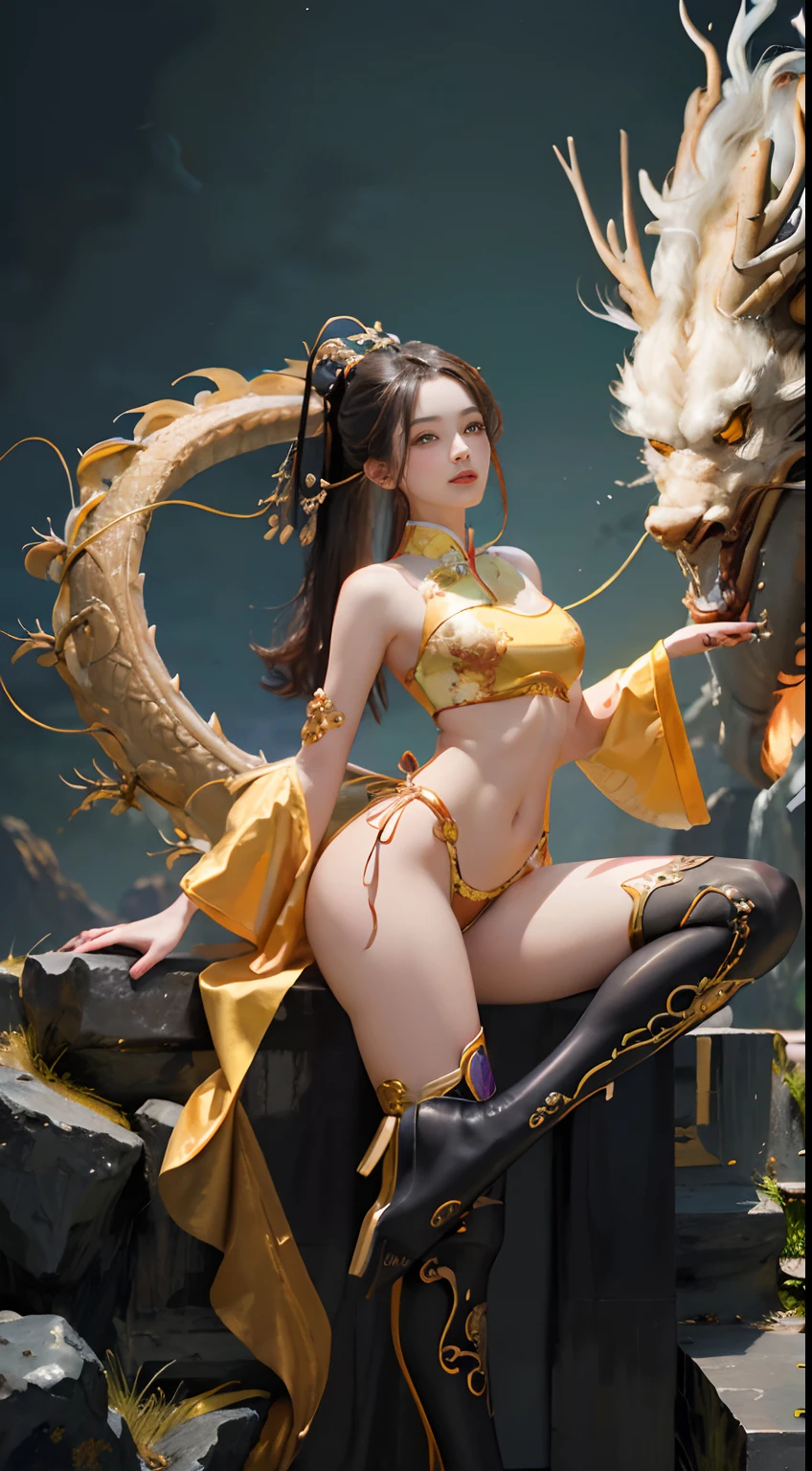 (Masterpiece, Top Quality, Best Quality, Ultimate Detail, Highest Detail, Official Art, Beauty & Aesthetics: 1.2), Golden Ratio, Full Composition,official art, Unity 8k wallpaper, super detailed, beautiful, masterpiece, best quality, (fractal art: 1.4), (character center: 1.3), exposed thighs, exposed beautiful pubic hair, 1 girl, shocking domineering Chinese dragon, detailed tap, black hair, long ponytail, Chinese, very detailed, dynamic angle, full body, (most beautiful form of chaos), ethereal, (bright colors) , OC, (half: 1.2), (Thangka Feitian: 1.5), (Ribbon: 1.3), (Dream: 1.5), Chinese Dragon, Chinese Phoenix, (Smile: 0.5), (Chinese God),