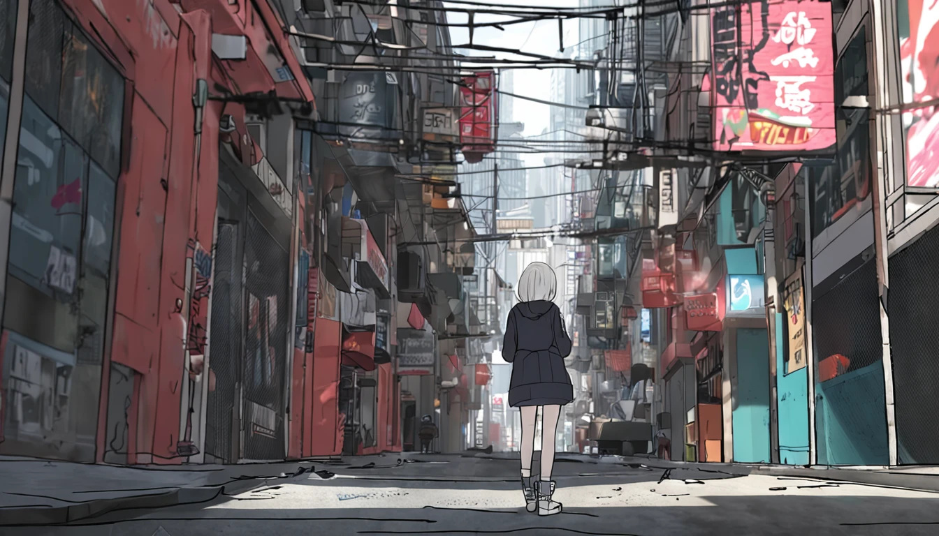 city,full body Esbian,facing back,kirei,girl,white,hair,shortcut,hair,white,hooded,jackettown,straighten,ones,hair