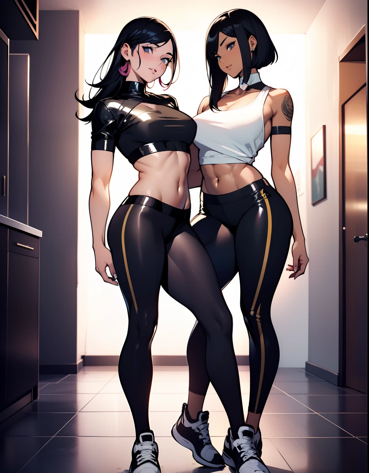 2 beautiful full body females，with fair skin，A short haircut，A long hair，Black hair，26 year old，Perfect body with muscularity，wearing little clothes，skin-tight short-pants，caressing eachother，Super ???? scene，facial closeups，Fair skin