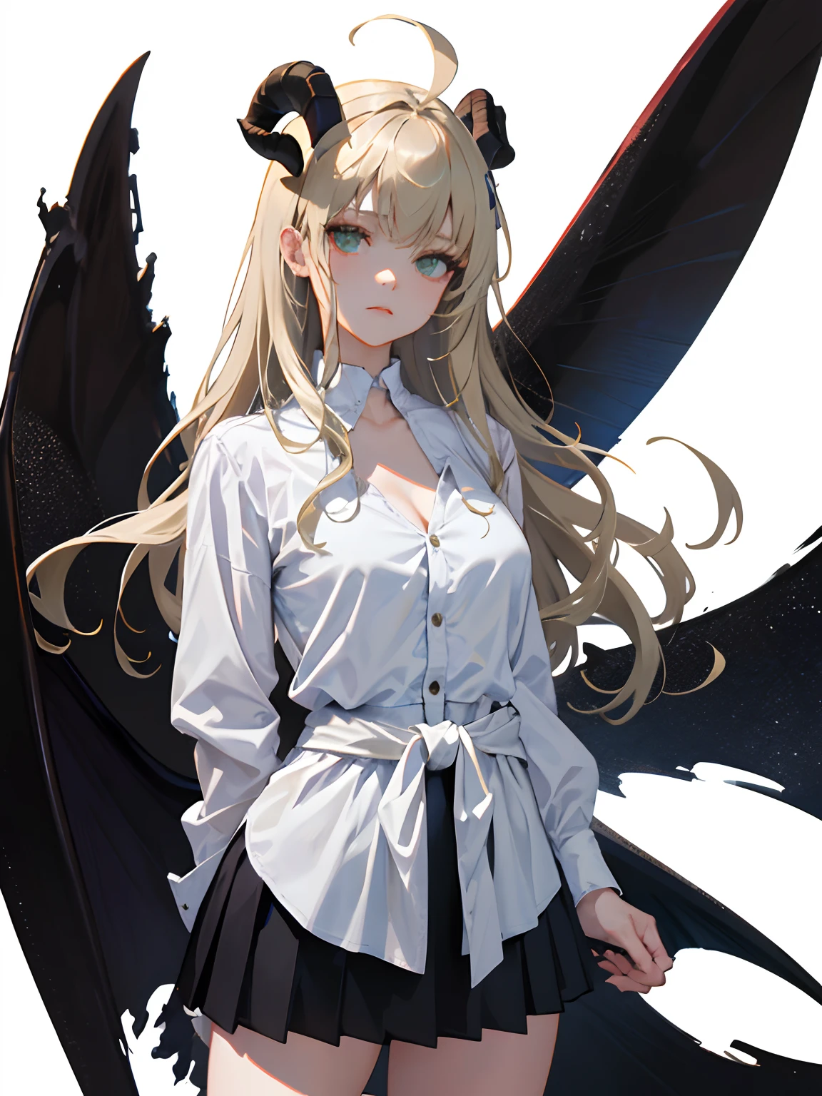 ((masterpiece, best quality)), (1girl), (solo), (female focus), (ahoge, ash blonde hair, long hair), green eyes, ((white shirt), (buttoned shirt)), ((black skirt), (short skirt)), standing, white background, arms behind back, bat wings on the waist, sheep horns, sad eyes, cold facial expression, cold look, pale skin, colour grading, dark illustration, extreme quality, radiant, extremely detailed, ultra-detailed face, ultra hd 8k, ultra digitality, mythical, dark lightning, sleepy eyes, detailed hands