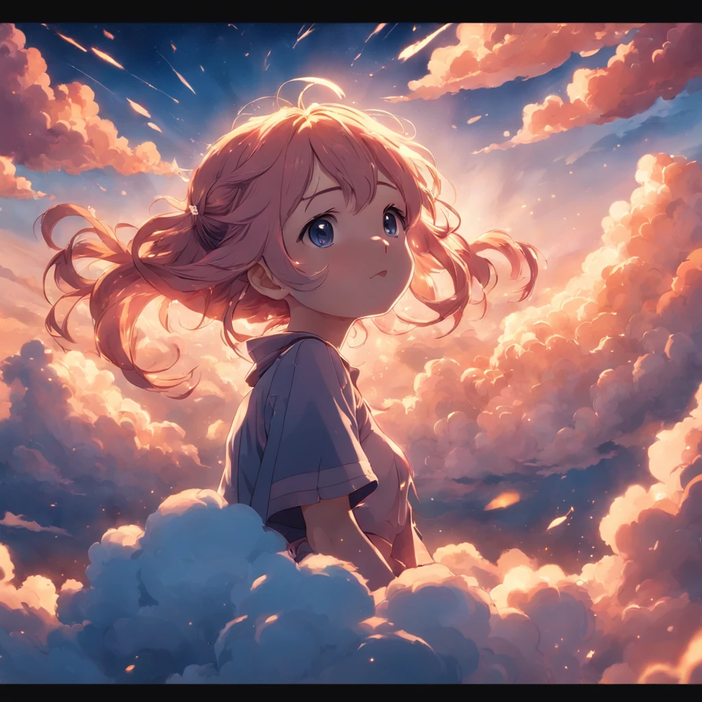 masterpiece, best quality, movie still, 1girl, cloud girl, floating in the sky, close-up, bright, happy, warm soft lighting, sunset, (sparks:0.7)