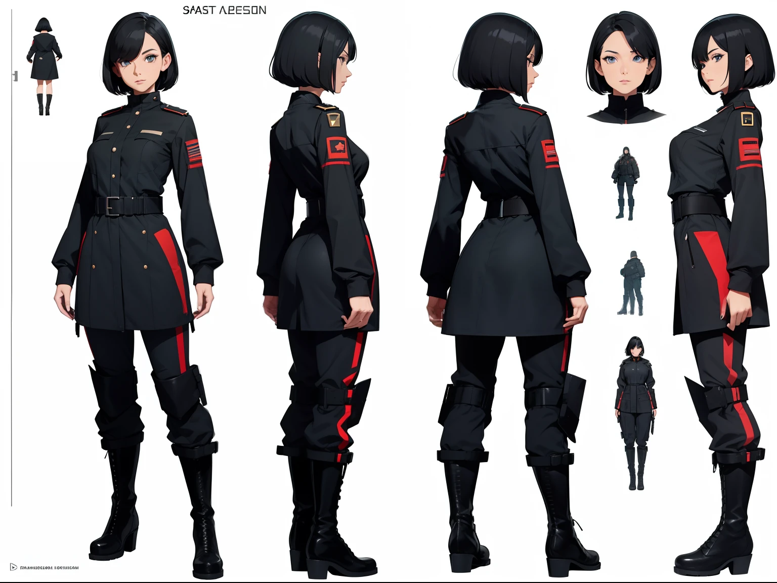 A woman, 29 years old, short black hair, tall boots, futuristic Scandinavian spaceship military attire, various angles, (front, back, side), model sheet, reference sheet.