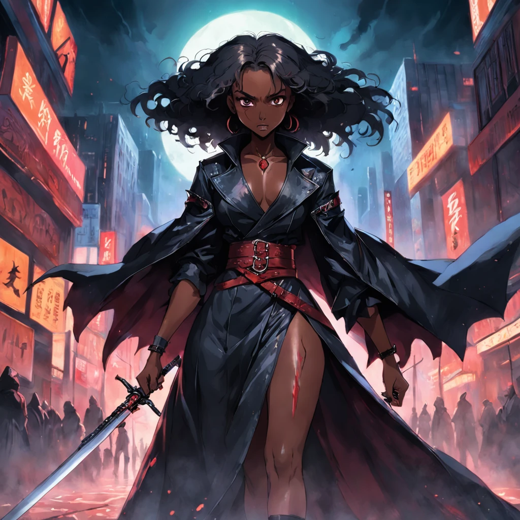 masterpiece, best quality, movie still, 1 dark skinned African woman, holding a sword on her shoulder, she is holding a sword, full bodycharacter portrait, matrix style character, black leather longcoat, vampire woman, vampire fangs, afro hair