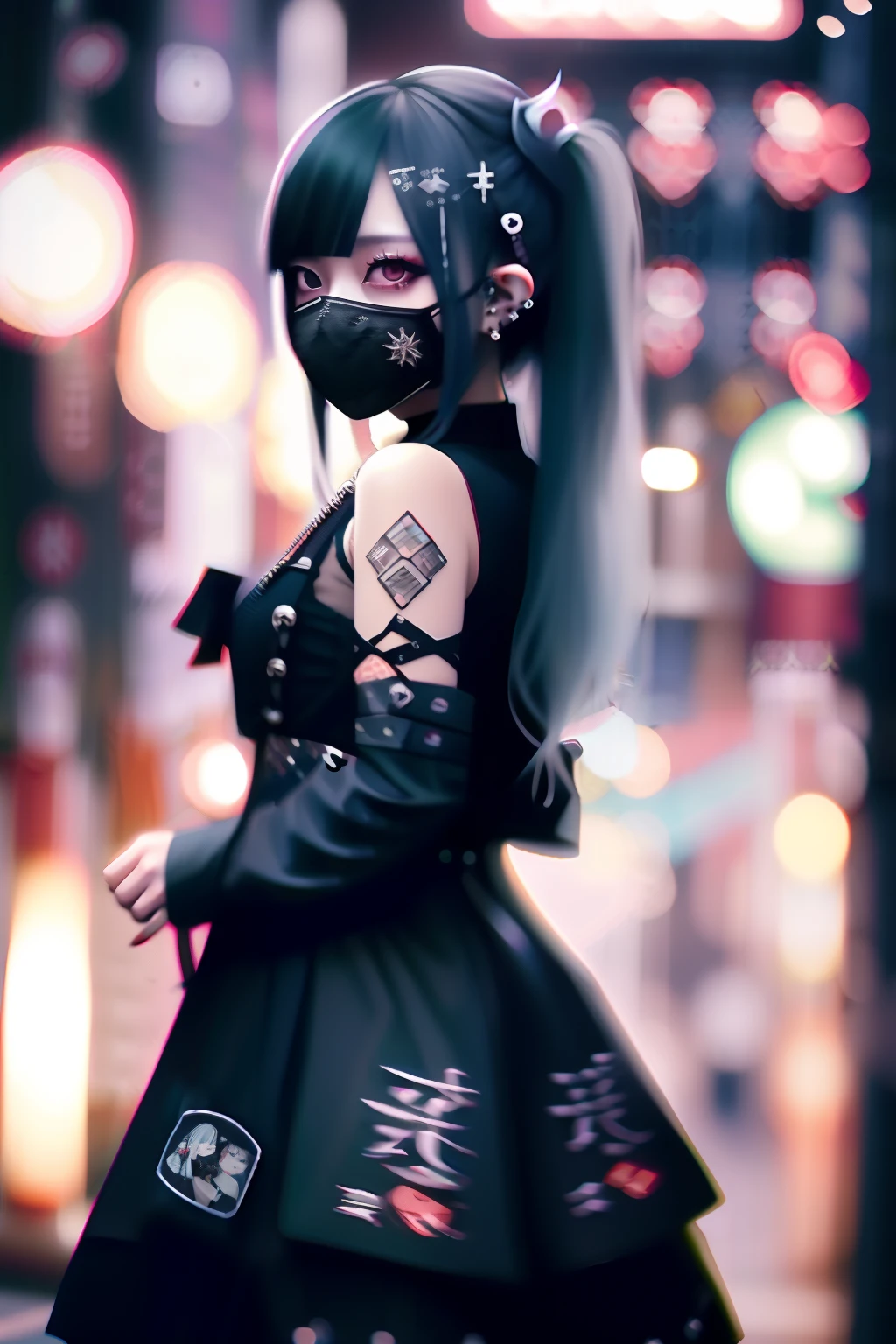 goth_punk, 1girl in, 独奏, medium shot, Walking in Harajuku, ((during night)), bokeh dof, neon light, iridescent eyes, starrysky, Black shimmering hair, Black eyebrows, Radiant hair, (iridescent white hair), 耳Nipple Ring, bangss, jewely, masks, bluntbangs, Red eyes, Mouth mask, blurry backround, bblurry, hair adornments, Look at viewers, shorth hair, portraitures, side locks