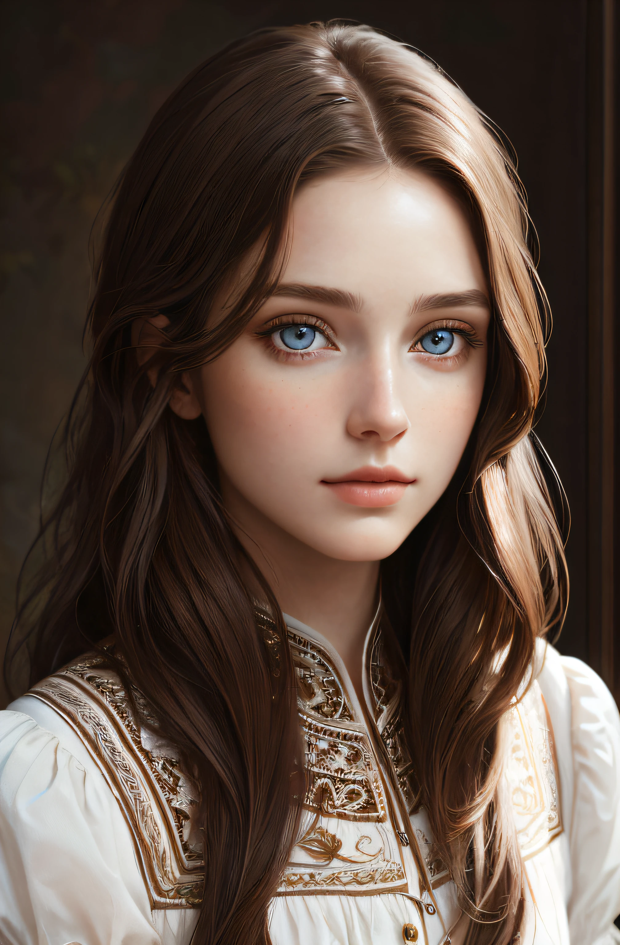Beautiful antique 8K portrait of brown hair, Intricate, Highly detailed, Majestic, Digital photography, surrealism painting, (Masterpiece, side-lighting, fine detailed beautiful eyes: 1.2),white skinned,orthofacial
