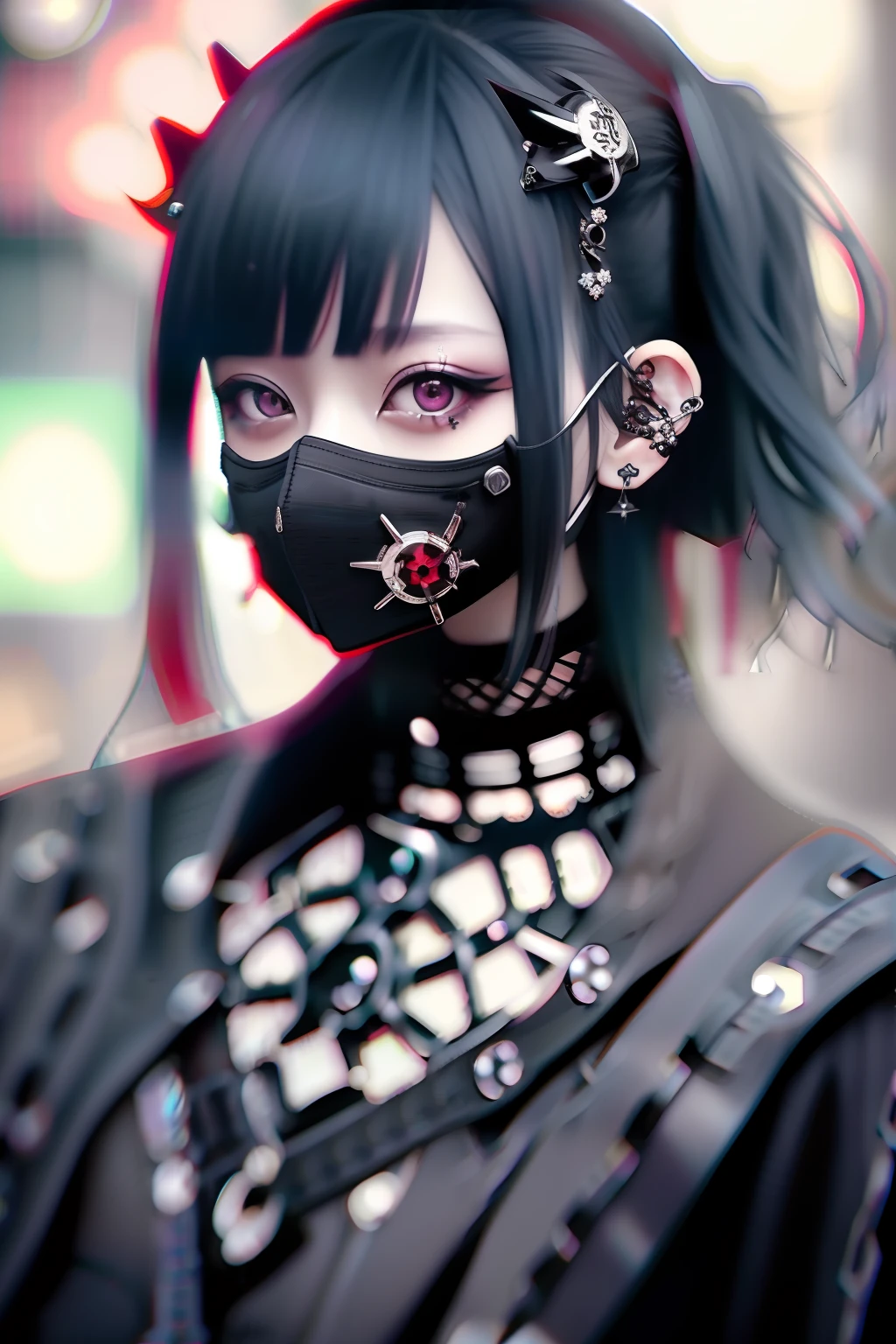 goth_punk, 1girl in, 独奏, medium shot, Walking in Harajuku, ((during night)), bokeh dof, neon light, iridescent eyes, starrysky, Black shimmering hair, Black eyebrows, Radiant hair, (iridescent white hair), 耳Nipple Ring, bangss, jewely, masks, bluntbangs, Red eyes, Mouth mask, blurry backround, bblurry, hair adornments, Look at viewers, shorth hair, portraitures, side locks