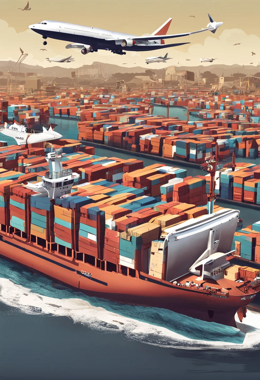 International aid and support, plane with goods, ships loaded with goods