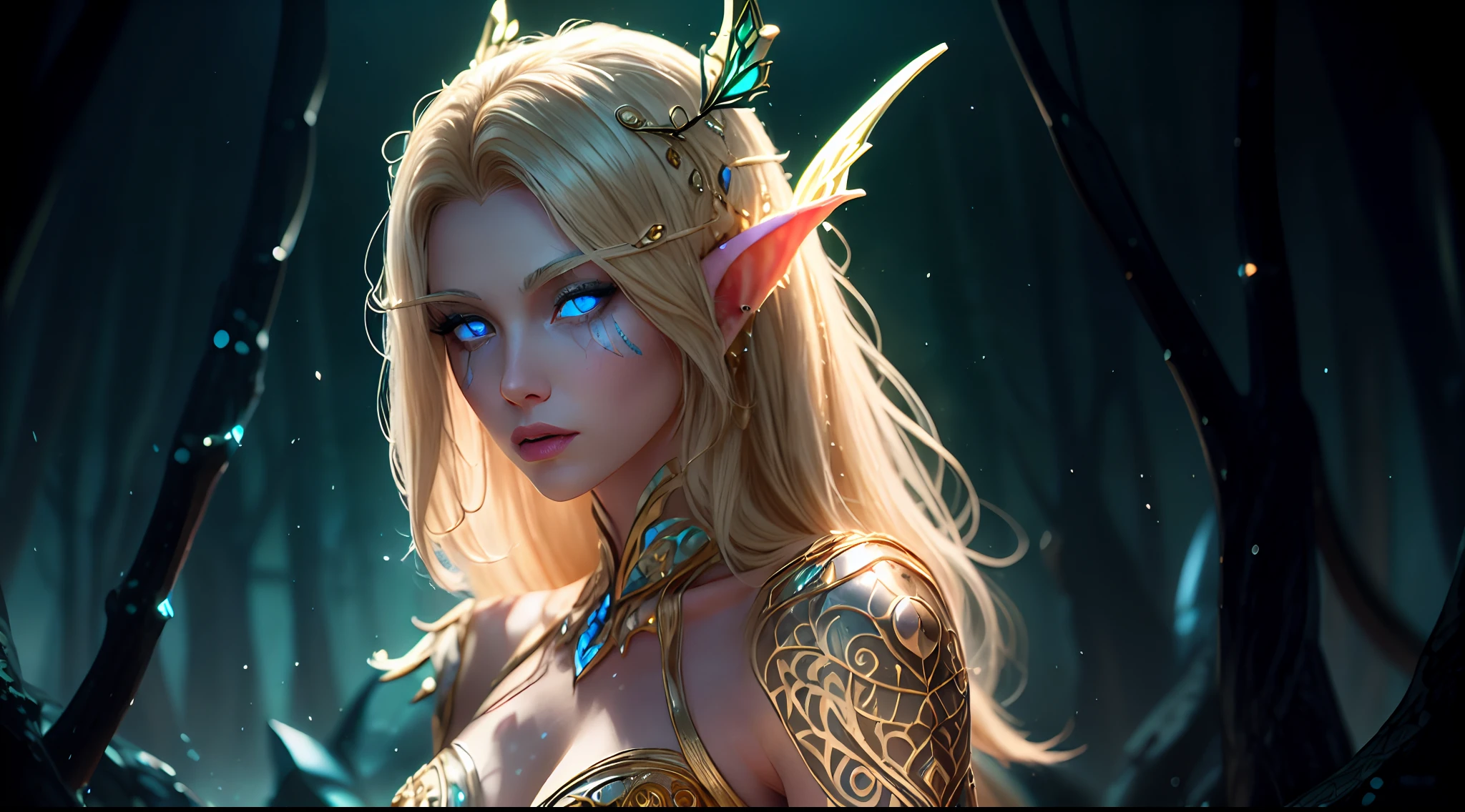 systemic，Beautiful elves, Fantasy style, Blue eyes,hero pose, Beautiful tattoos on the body,((Intricate details)), hdr, Dramatic,magic, Long blonde hair, White and gold details cover the armor of the body parts, black forest background, magic, faeries, and neon yellow butterflies