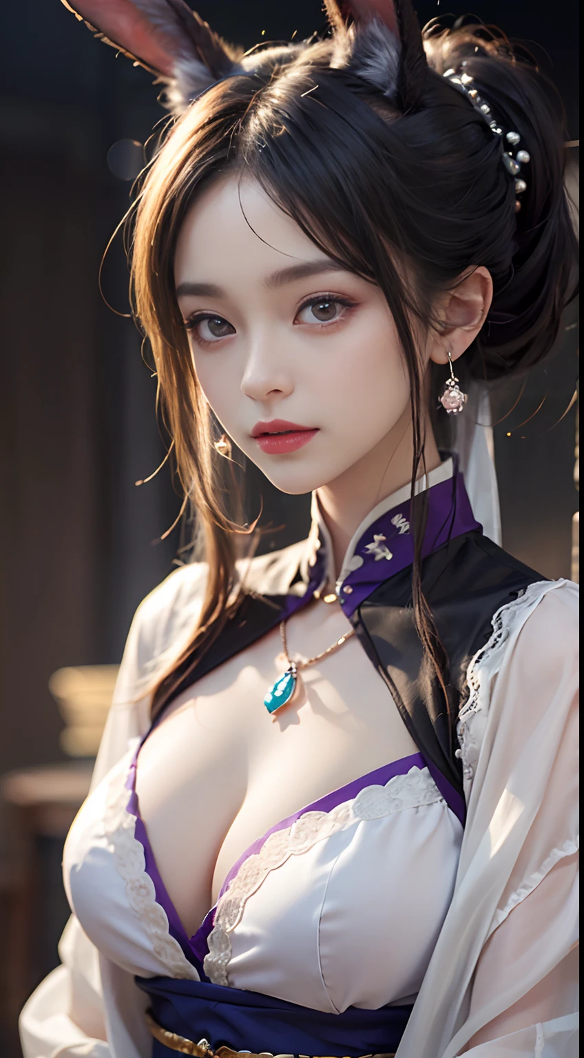 1 beautiful girl in Han costume, thin purple silk shirt with white color with many textures, white lace top, long platinum purple ponytail, Hair Jewelry, ear jewelry, light purple rabbit ears, necklace and necklace, meticulously drawn large purple eyes, meticulous makeup, Thin eyebrows, High Nose, lovely red lips, not smiling, pursed lips, rosy cheeks, wide breasts, Big breasts , well-proportioned bust, Slim waist, purple mesh socks, chinese hanfu style, fictitious art textures, vivid and realistic colors, RAW Photos, Realistic Photos, ultra high quality 8k surreal photos, (effective fantasy light effect: 1.8), 10x pixel, magical effect (Background): 1.8), ultradetailed eyes, girl body portrait, ancient hanfu background,